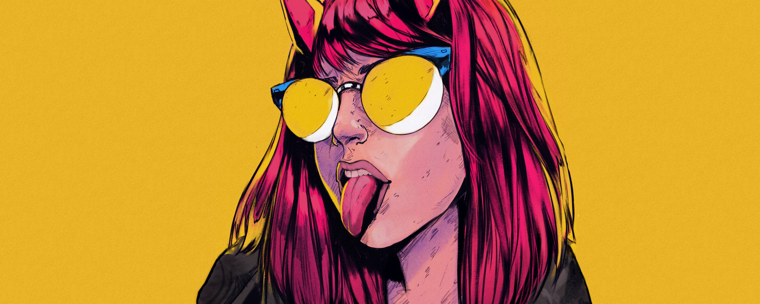 Download wallpaper Girl, Language, Glasses, Style, Face, Girl, Horns, Art, Art, Style, Face, Glasses, Horns, Tongue, Aesthetic, Bruno Ferreira, section art in resolution 2560x1024