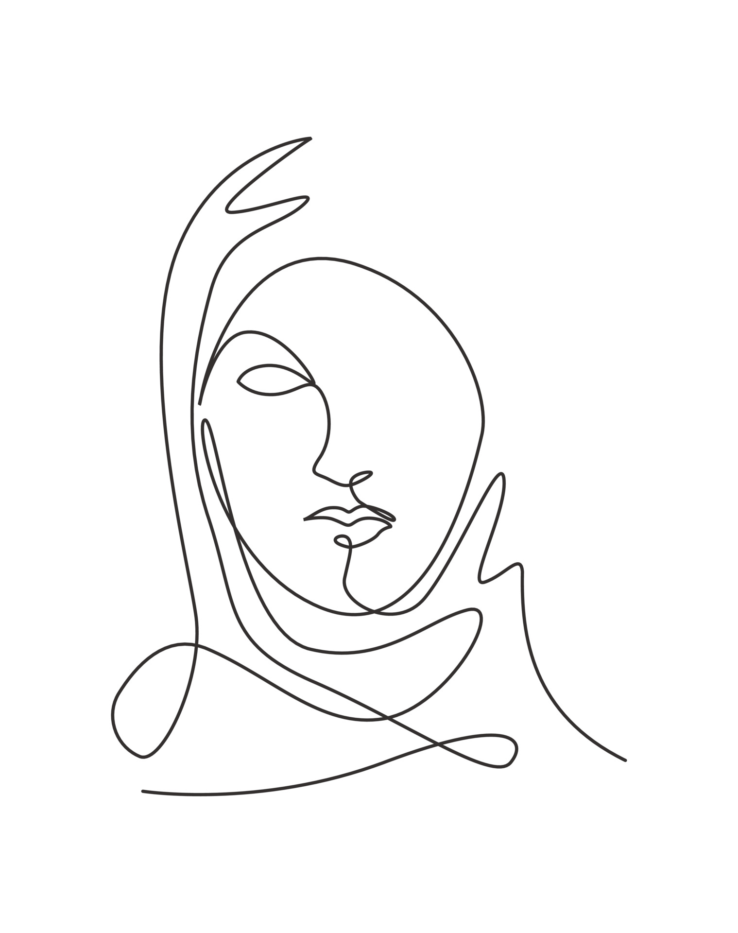 Single continuous line drawing beautiful aesthetic portrait woman abstract face. Pretty female silhouette in hijab minimalist style concept. Trendy one line draw design vector graphic illustration