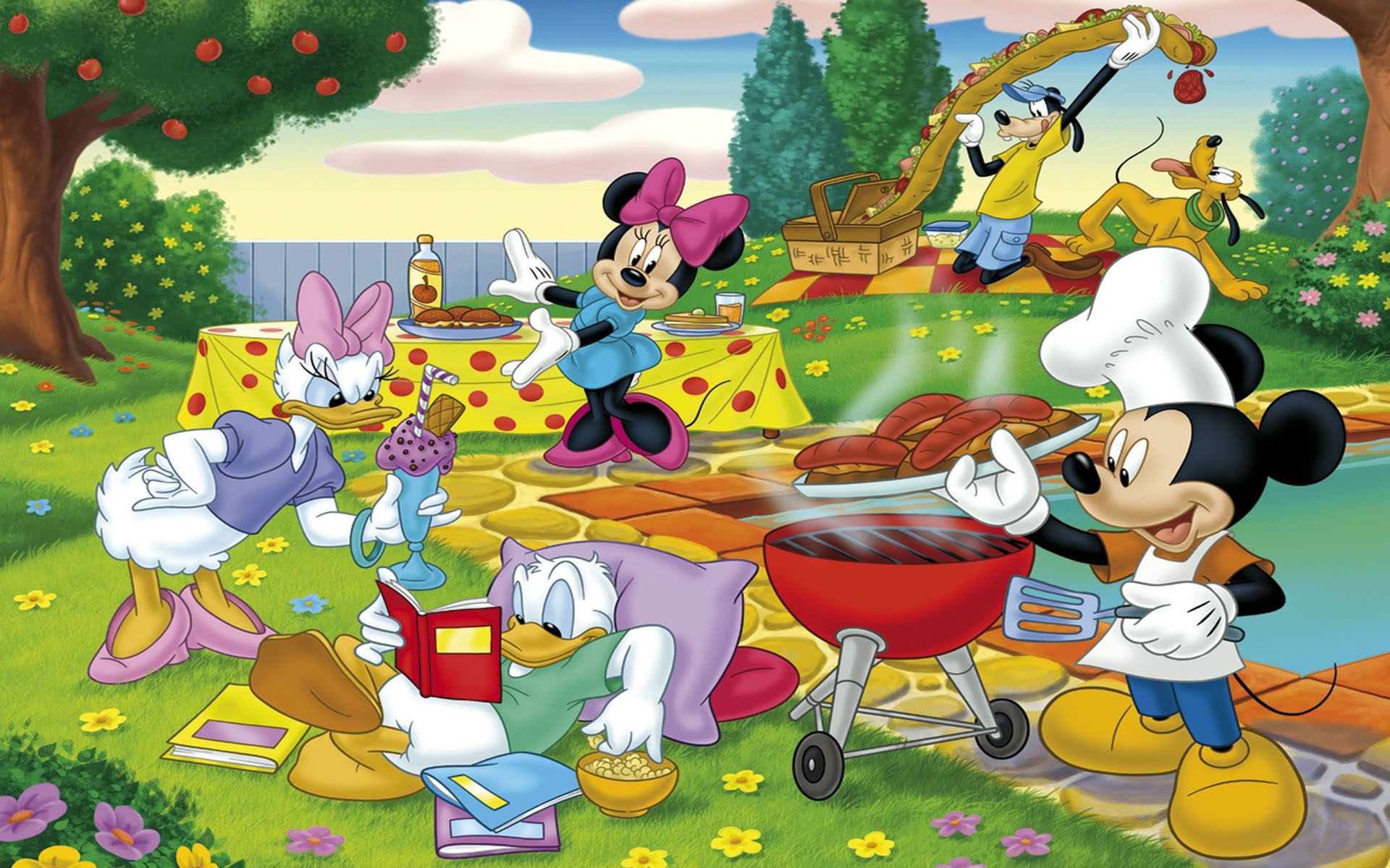 Picnic Outing In Nature Cartoon Mickey And Minnie Mouse Donald Duck And Daisy Wallpaper HD 1920x1200, Wallpaper13.com