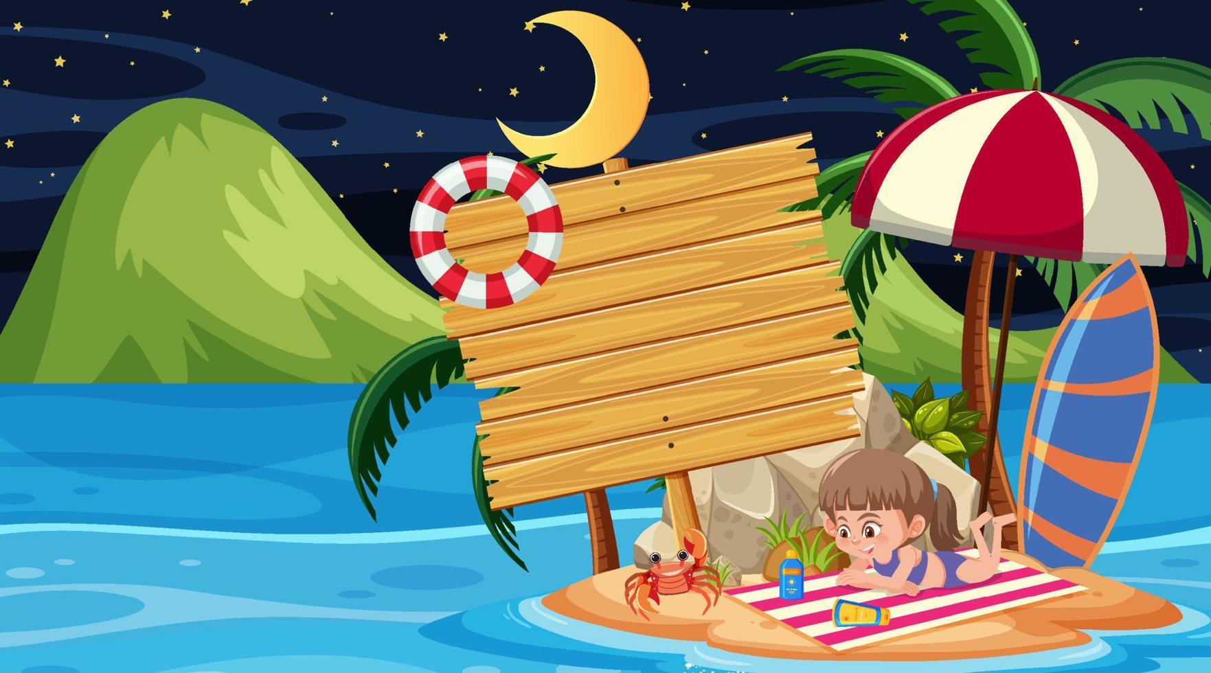 Kids on summer vacation at the beach night scene with an empty wooden banner