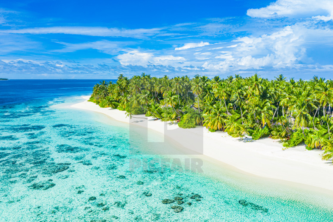Beach nature from aerial view. Perfect tranquil beach scene, soft sunlight and white sand and blue endless sea as tropical landscape. Luxury resort hotel, vacation and holiday landscape, download or