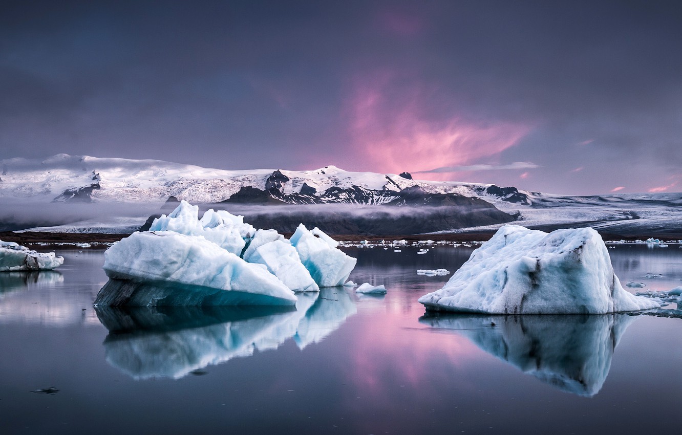 Wallpaper sea, clouds, snow, fog, rocks, ice, glow, ice, blocks image for desktop, section природа