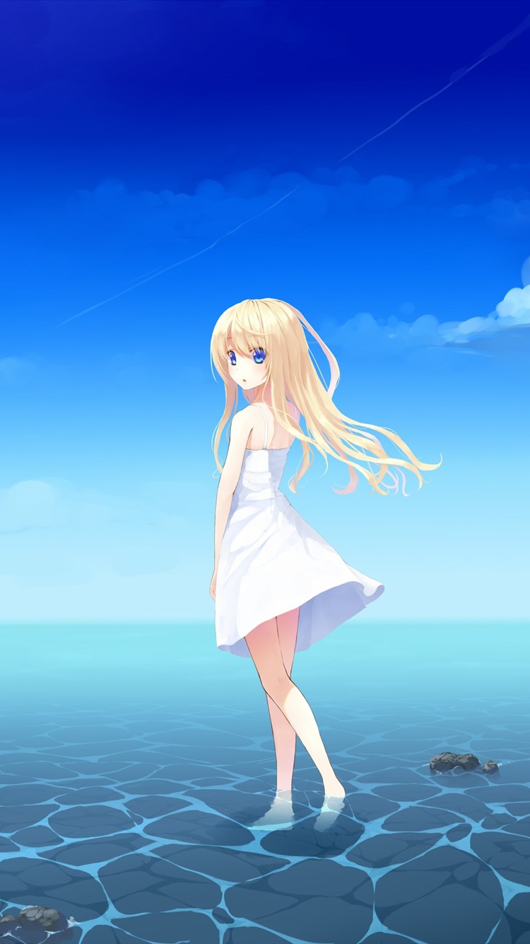 Wallpaper Blonde anime girl, blue eyes, skirt, sea, summer 2560x1600 HD Picture, Image