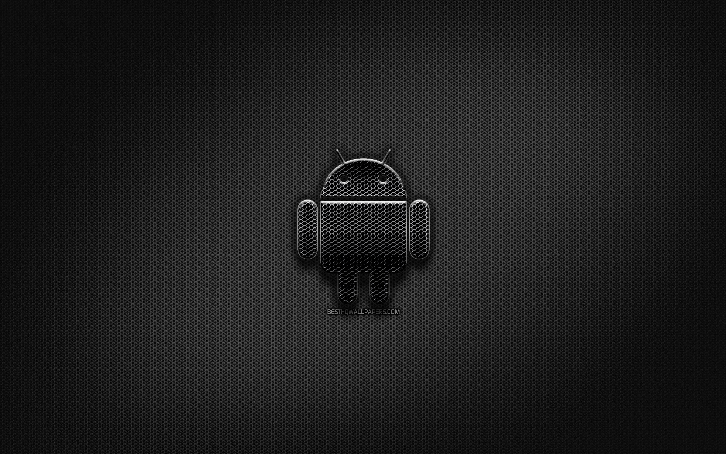 Download wallpaper Android black logo, creative, metal grid background, Android logo, brands, Android for desktop with resolution 2880x1800. High Quality HD picture wallpaper