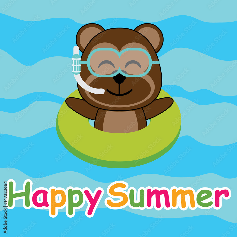 Cute Monkey Is Swiiming With Swim Ring On The Beach Vector Cartoon, Summer Postcard, Wallpaper, And Greeting Card, T Shirt Design For Kids Stock Vector