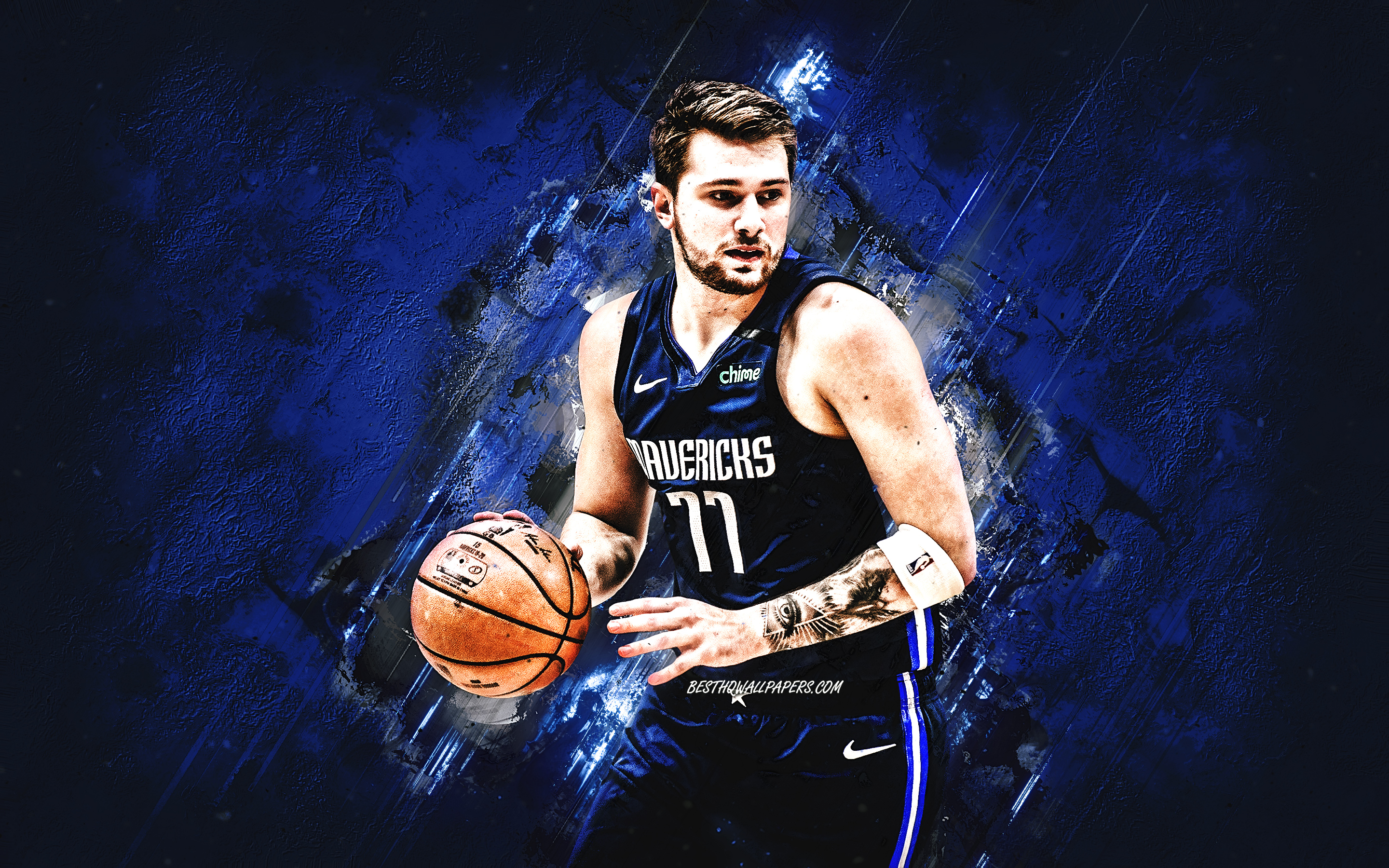 Download wallpaper Luka Doncic, Dallas Mavericks, NBA, Slovenian basketball player, blue stone background, USA, basketball for desktop with resolution 2880x1800. High Quality HD picture wallpaper