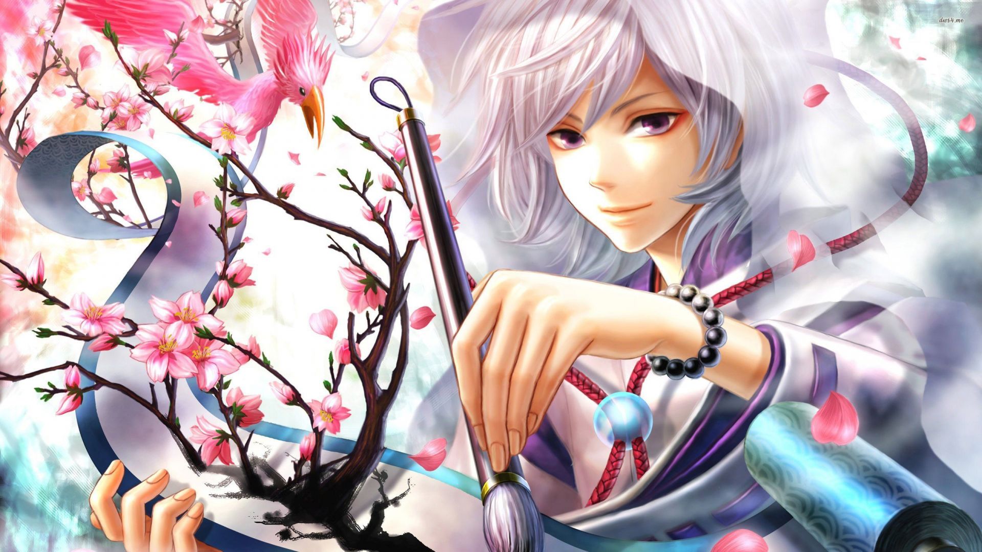 Desktop Wallpaper Cute, White Hair, Anime Girl, Smile, Paint, HD Image, Picture, Background, 4wut84