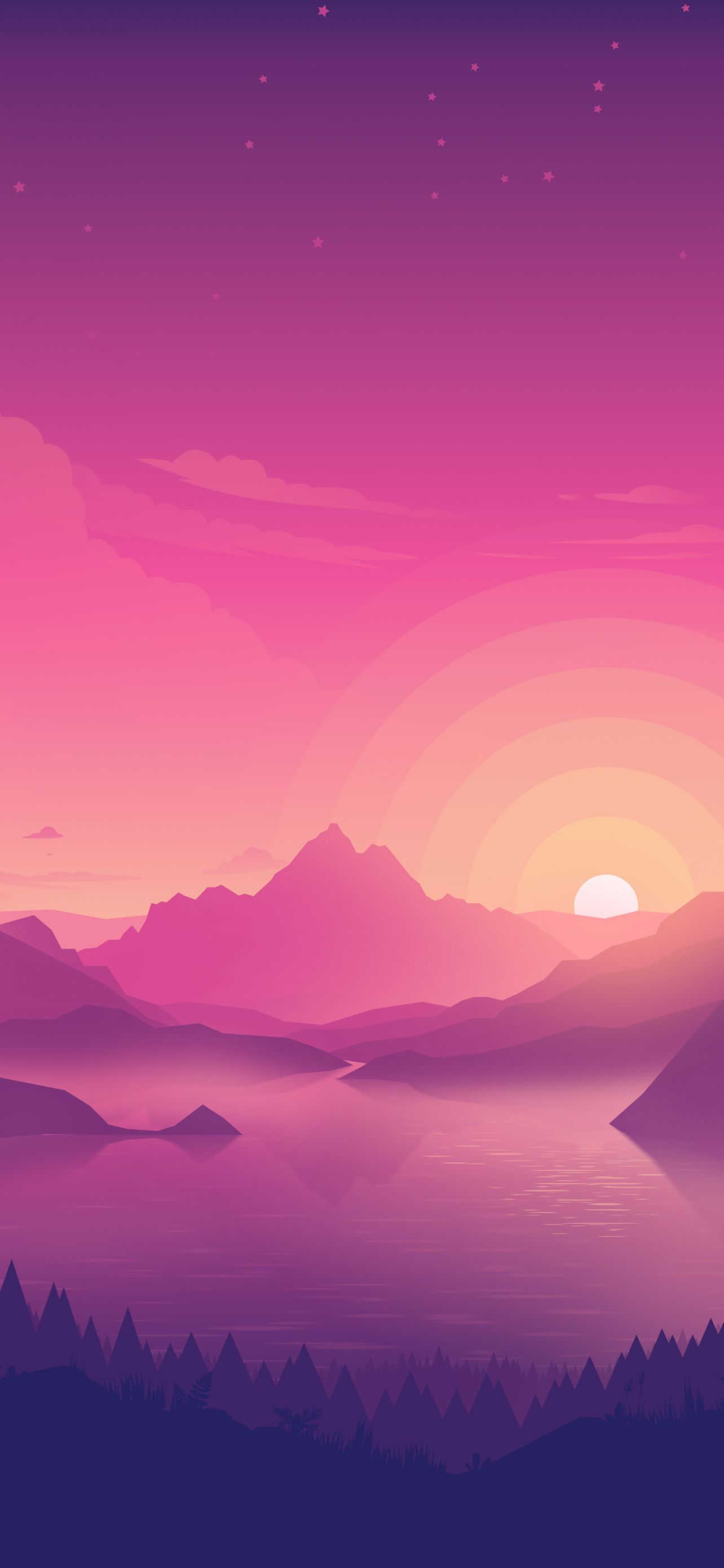 Lakeside Wallpaper 4K, Pink sky, Sunset, Minimal art, Nature