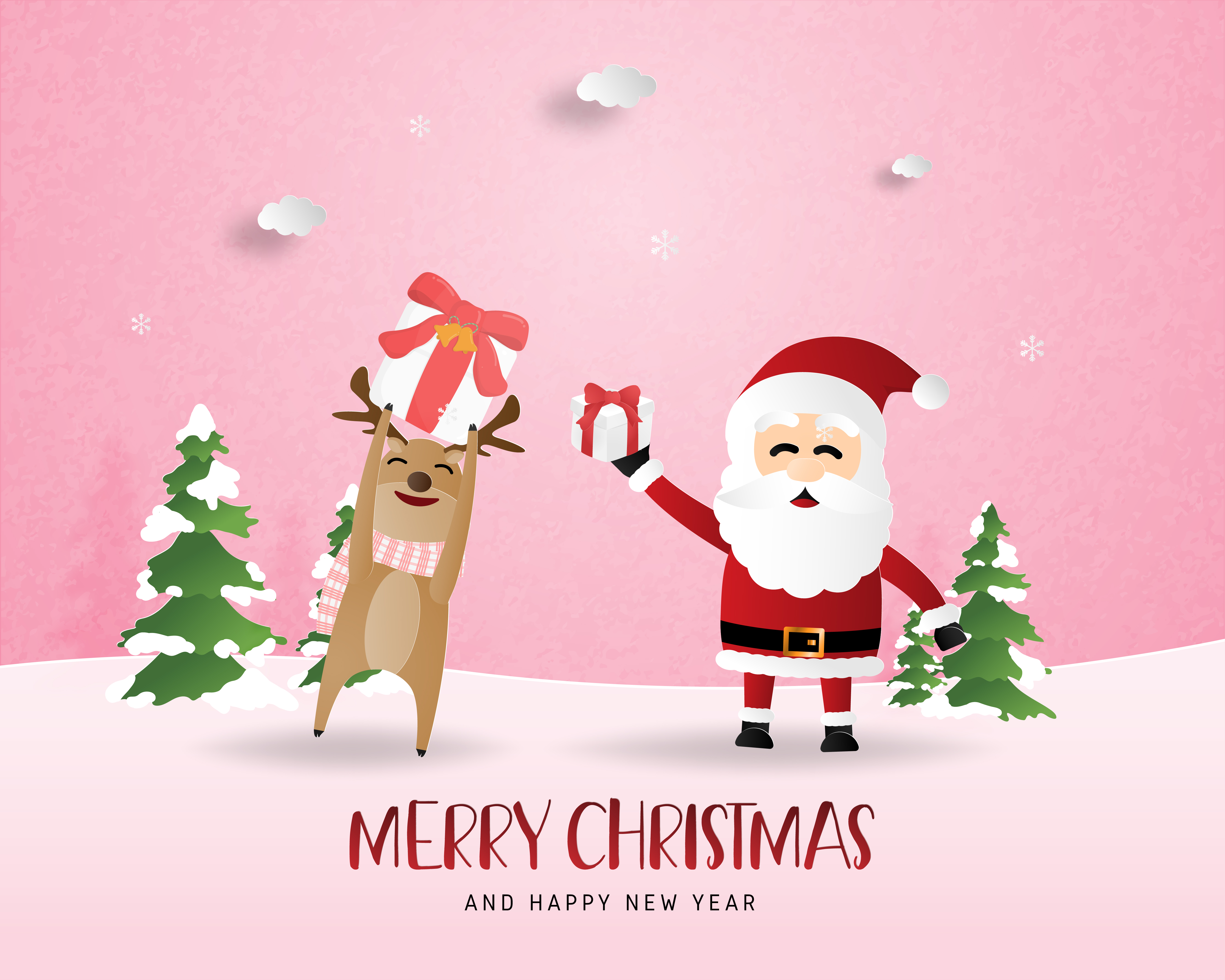 Merry Christmas and Happy new year greeting card in paper cut style. Vector illustration Christmas celebration background with Happy reindeer and Santa. Banner, flyer, poster, wallpaper