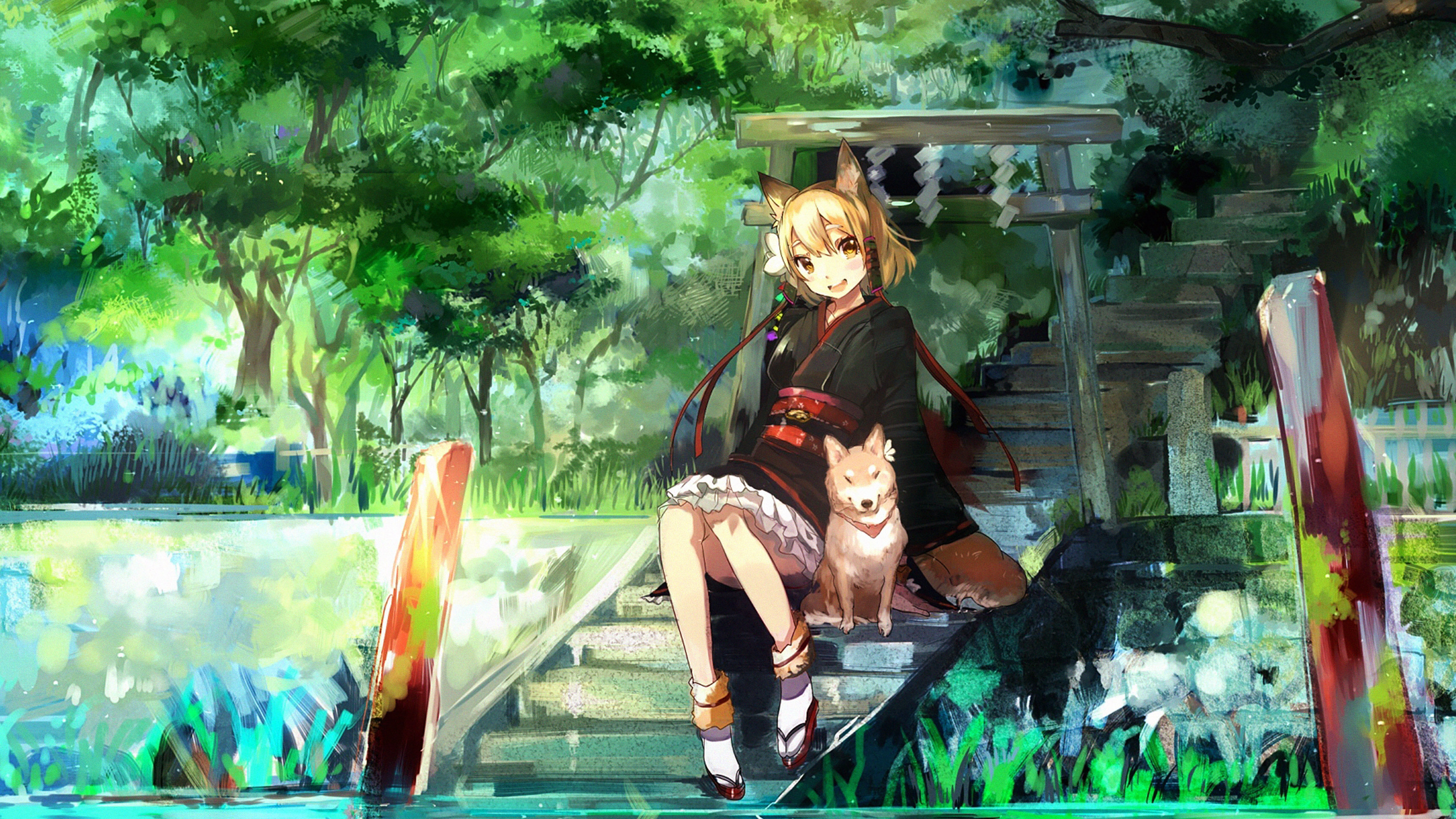 wallpaper for desktop, laptop. girl and dog green anime art illust