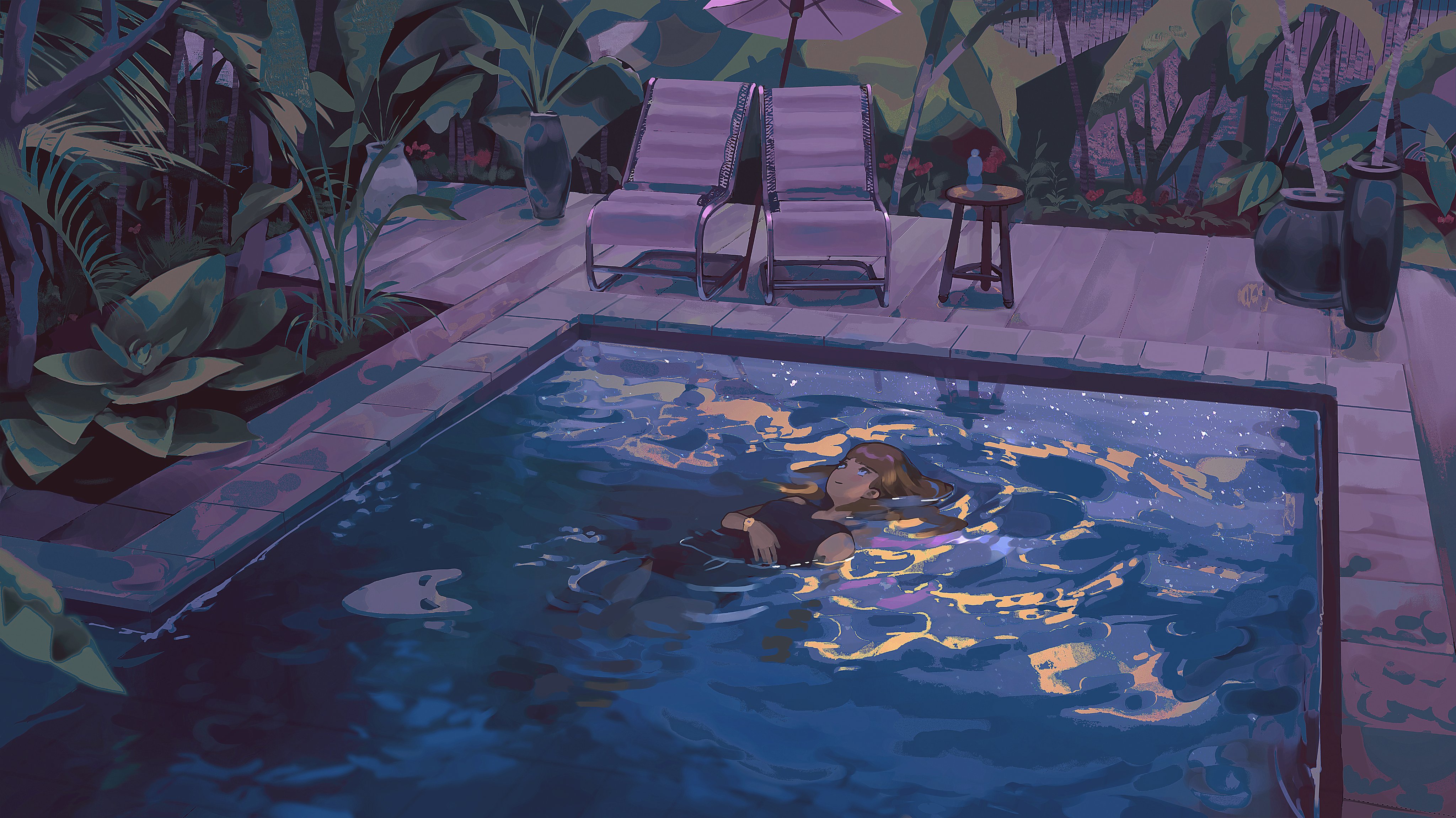 Artwork Swimming Pool Women Night Reflection Anime Anime Girls In Water Floating Looking Up Wallpaper:4096x2303