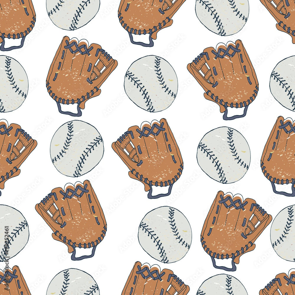 Seamless pattern. Vector hand drawn illustration of a baseball gloves and balls. Can use it for wallpaper, wrapping, cards and so one. Stock Vector