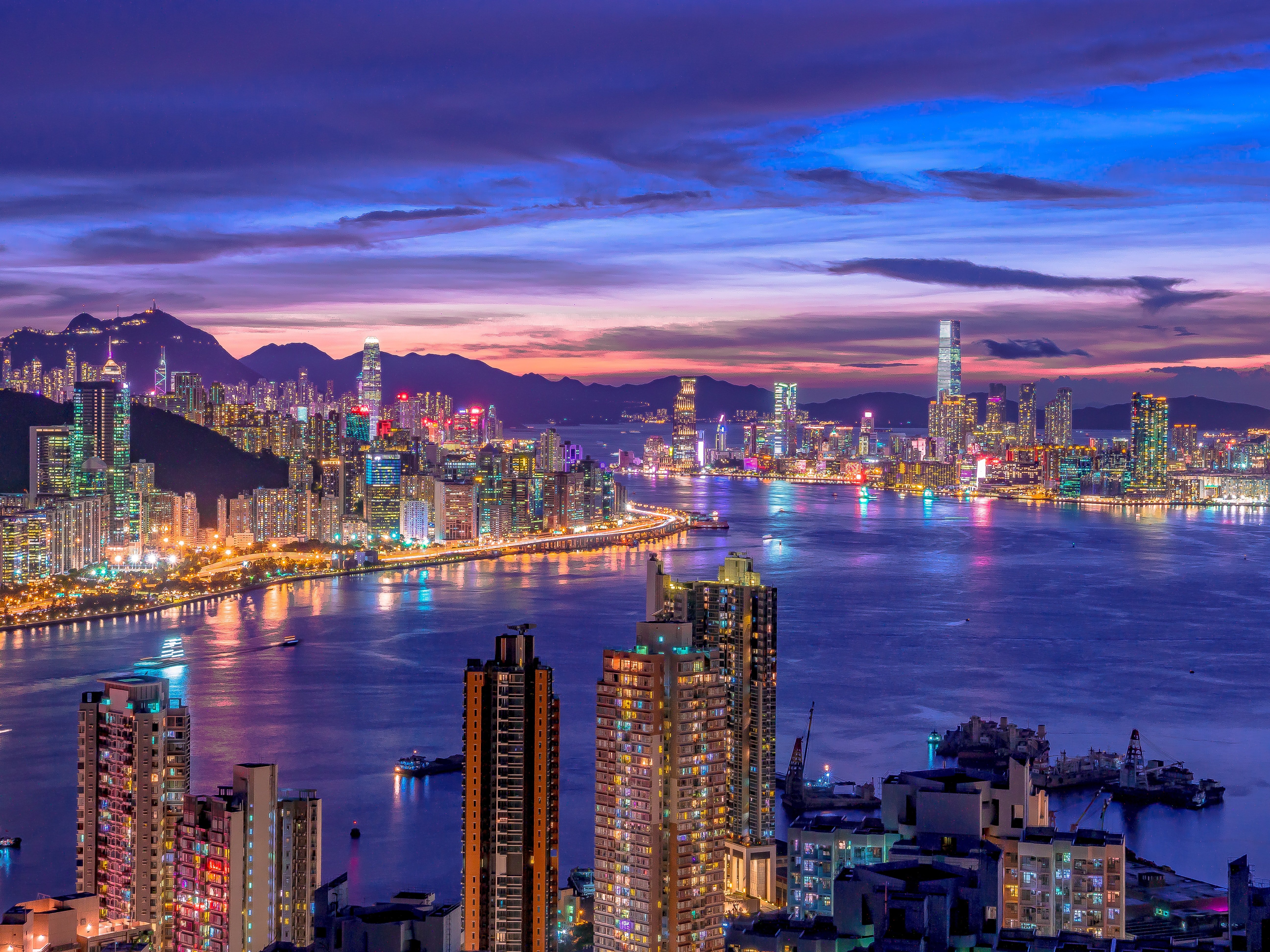 City Skyline Wallpaper 4K, Night life, Cityscape, Hong Kong, Skyscrapers, World
