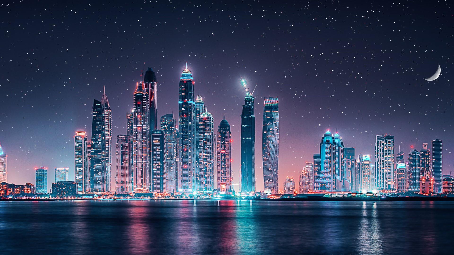 Dubai Skyline Starry Sky At Night Ultra HD Wallpaper For Android Mobile Phones Tablet And Lapx1080, Wallpaper13.com