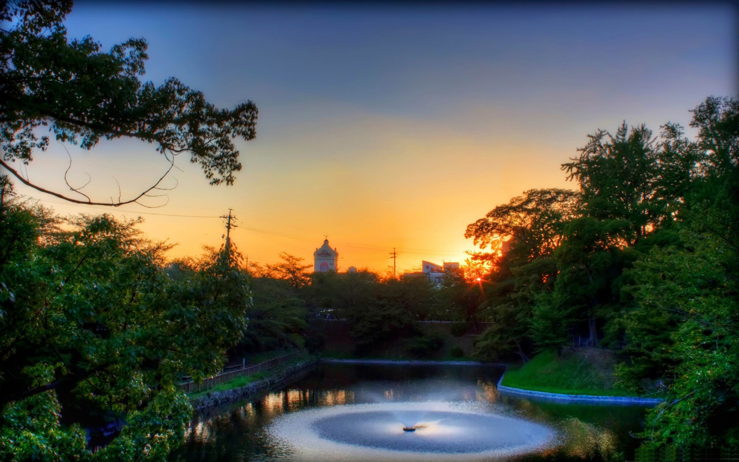 Pond Sunset Japanese Landscape Wallpaper