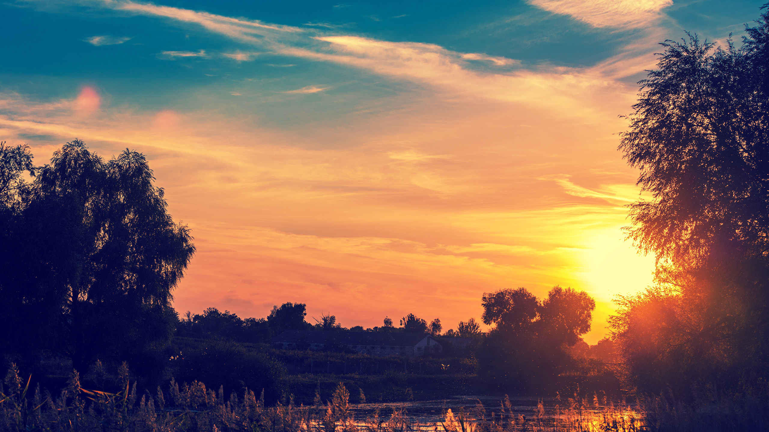 image Nature Sky Pond sunrise and sunset Evening Clouds 2560x1440