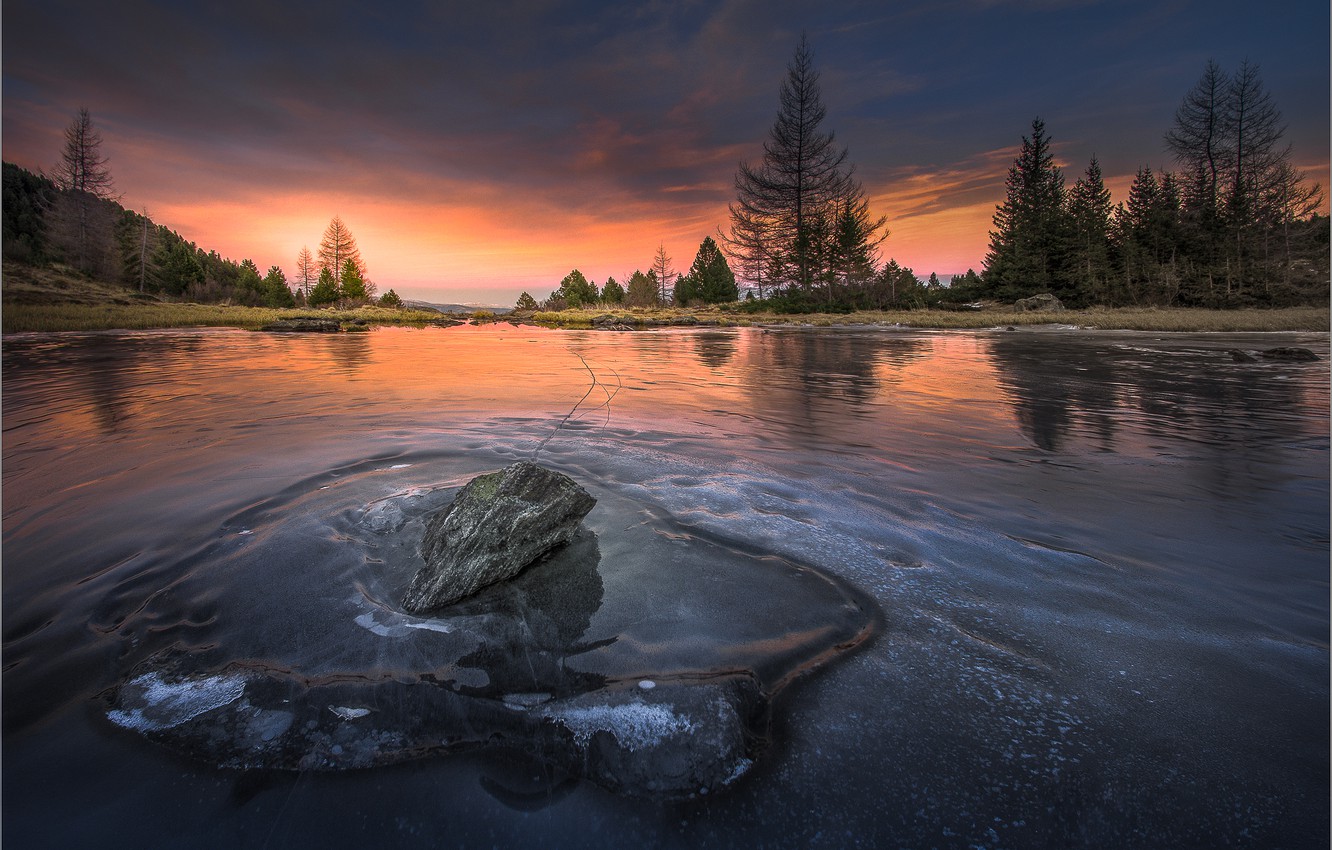 Wallpaper forest, the sky, sunset, shore, stone, ate, pond image for desktop, section пейзажи