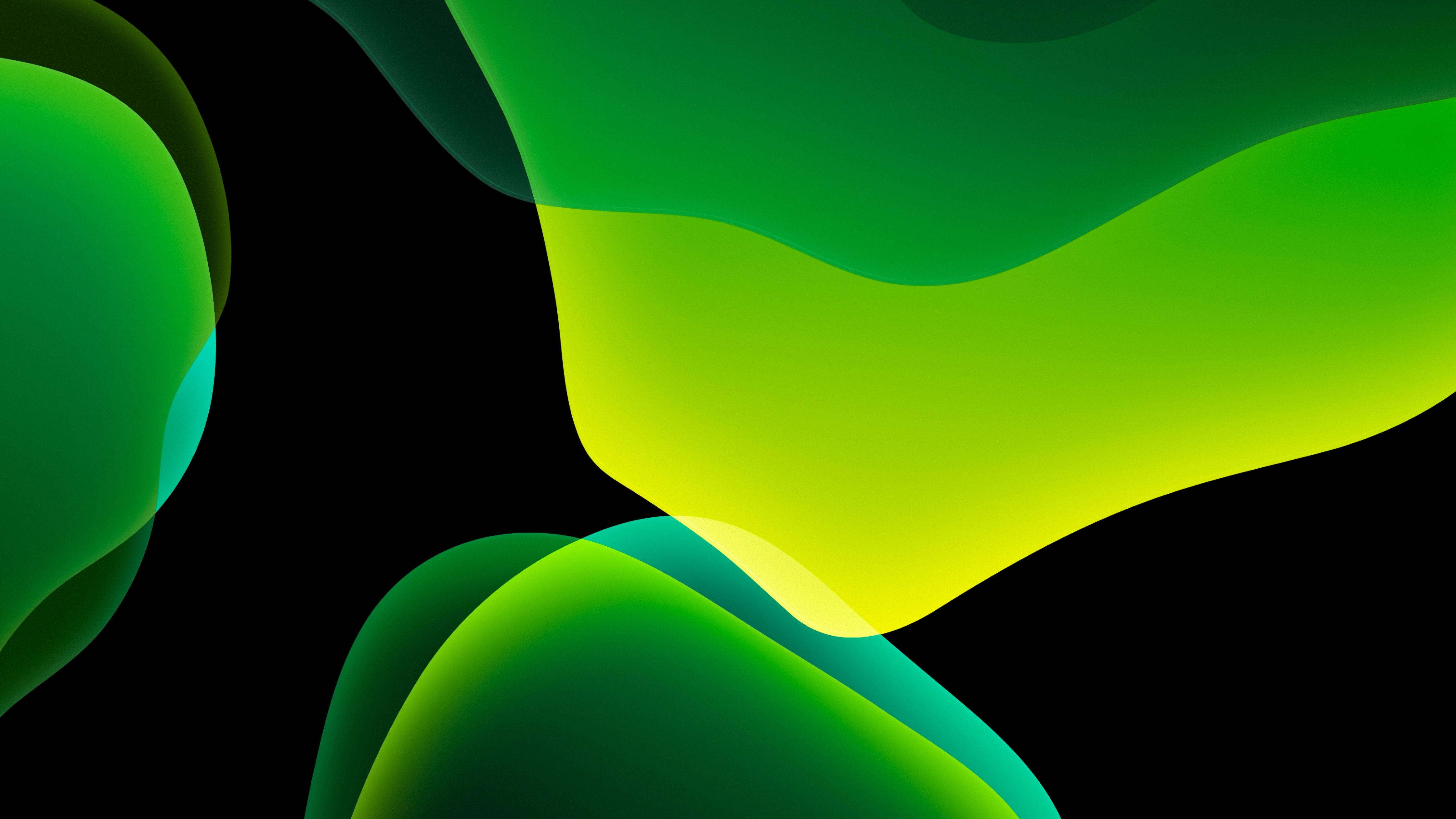 iOS 13 Wallpaper 4K, Stock, iPadOS, Green, Black background, AMOLED, Abstract