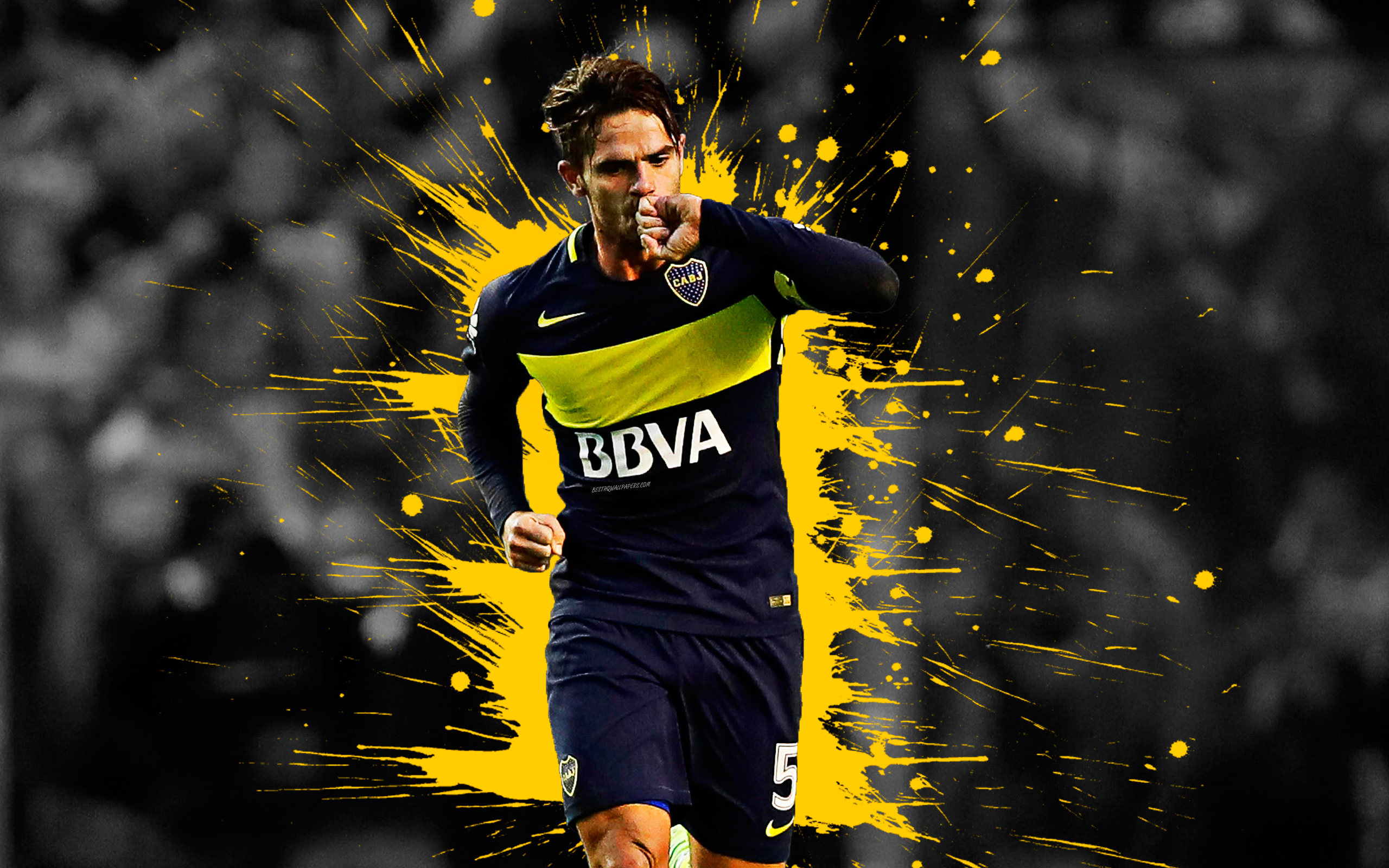 Download wallpaper Fernando Gago, 4k, art, Boca Juniors, Argentine football player, midfielder, captain, splashes of paint, grunge art, creative art, Argentina, football for desktop with resolution 2560x1600. High Quality HD picture wallpaper