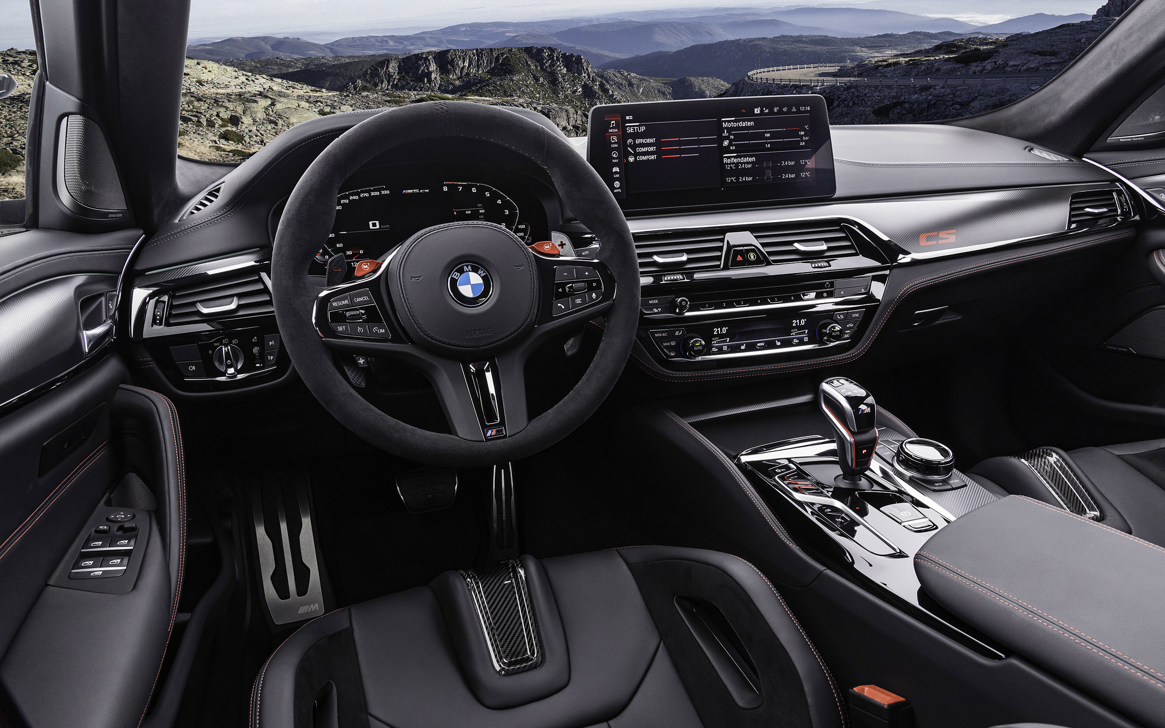 Download wallpaper BMW M5 CS, 4k, interior, inside view, front panel, dashboard, new M5 interior, German cars, BMW for desktop with resolution 3840x2400. High Quality HD picture wallpaper