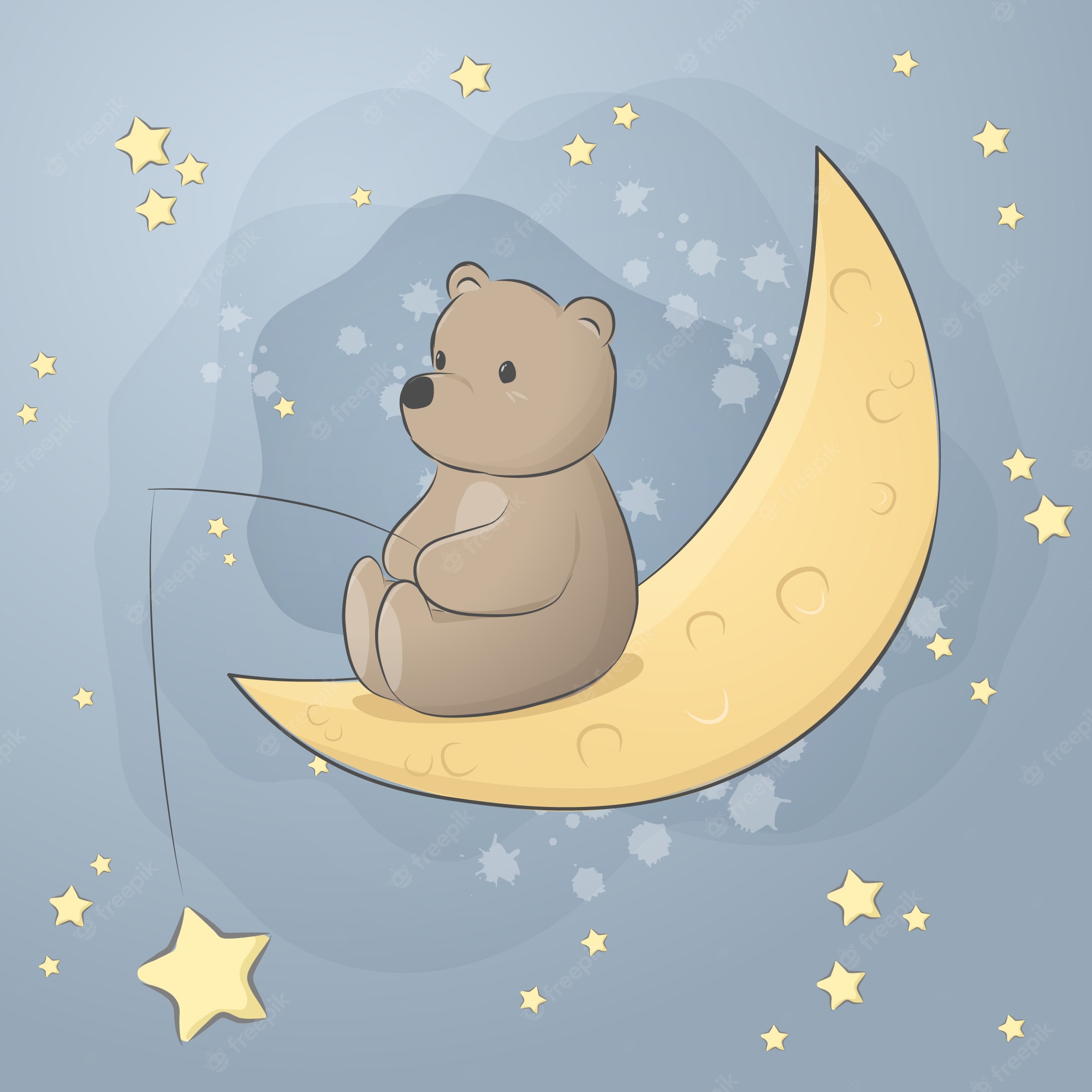 Premium Vector. Cute teddy bear sitting on moon cartoon doodle pastel wallpaper