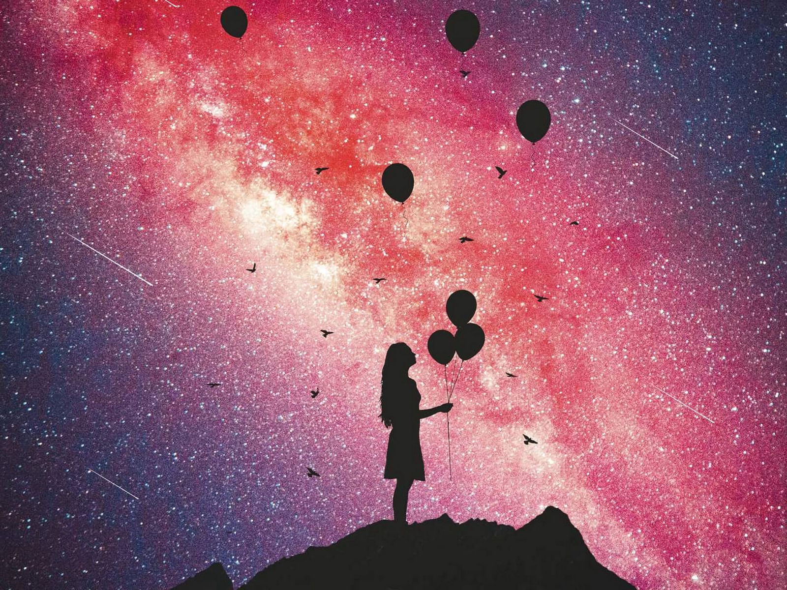 Download wallpaper 1600x1200 girl, silhouette, balloons, starry sky standard 4:3 HD background
