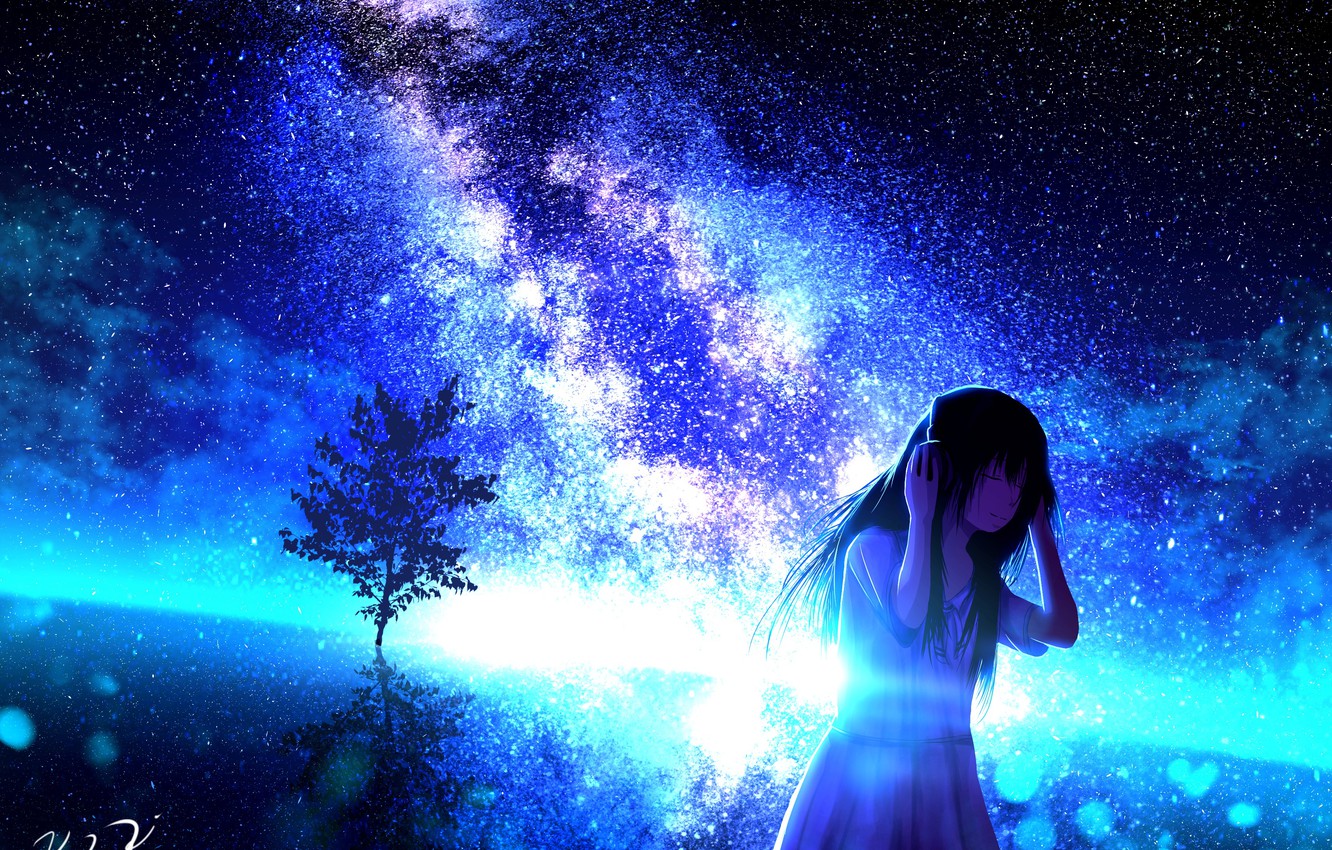 Wallpaper girl, night, the milky way, starry sky image for desktop, section арт
