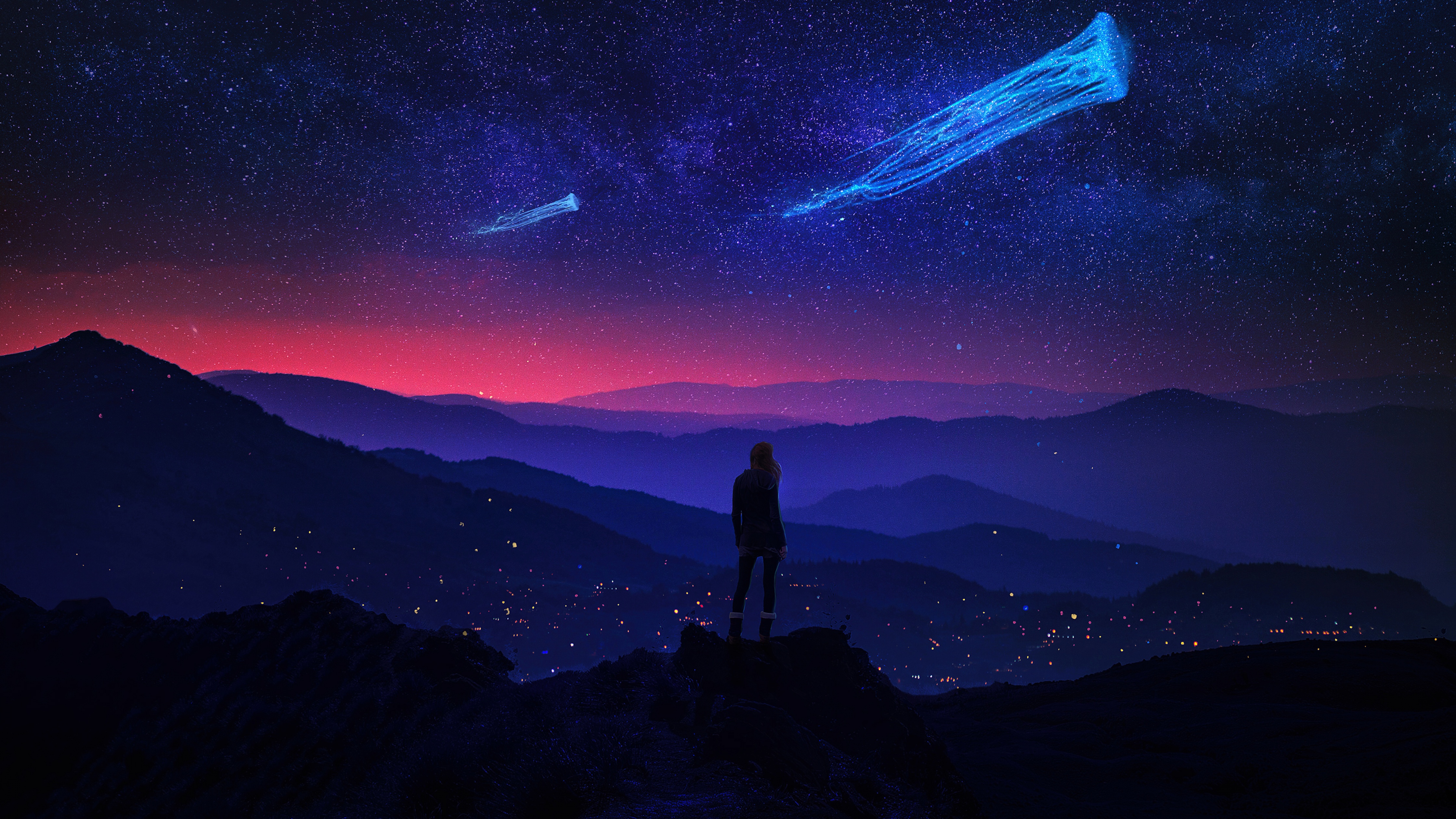 Surreal Wallpaper 4K, Girl, Night, Starry sky, Night sky, Jellyfishes, Fantasy