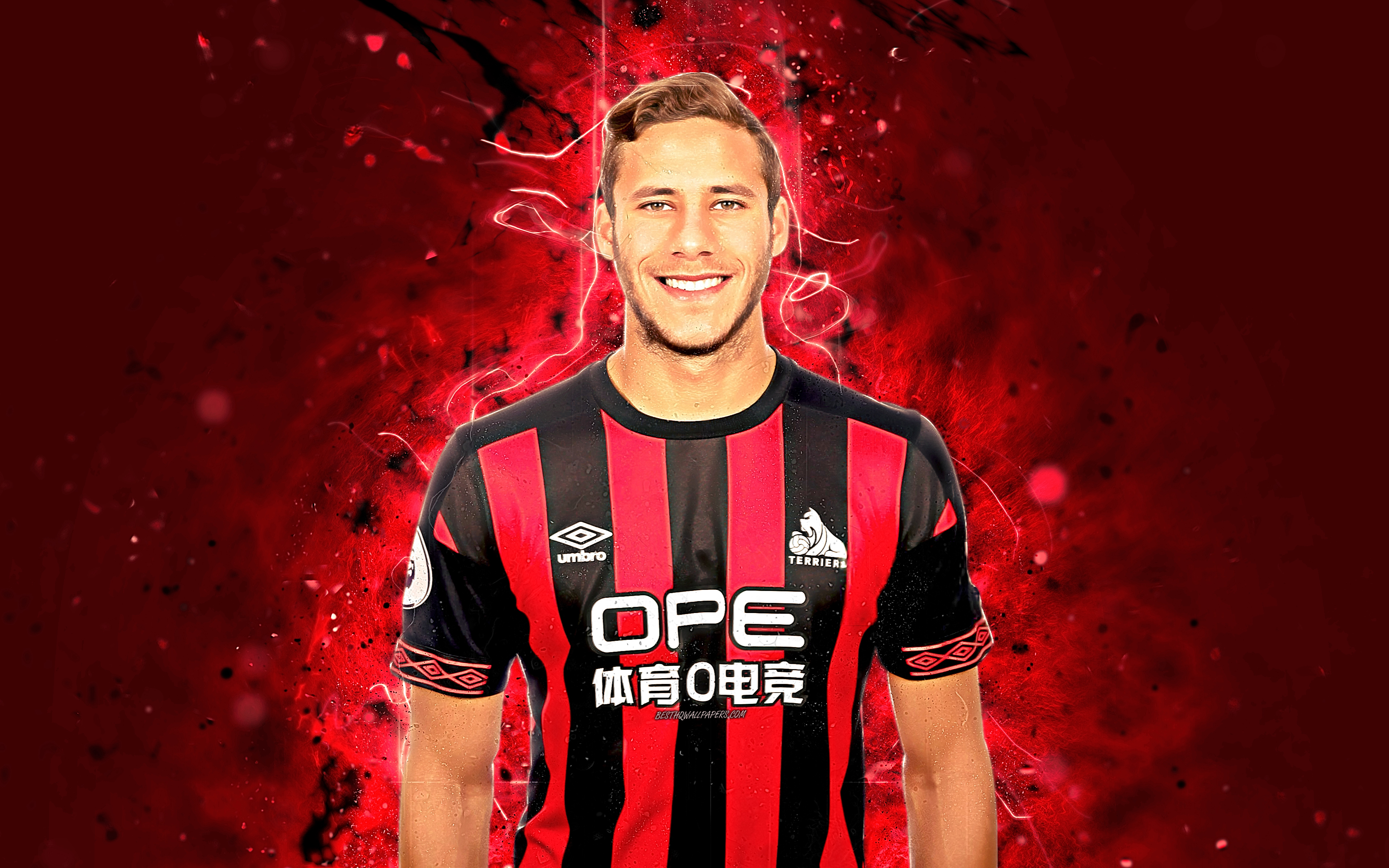 Download wallpaper 4k, Ramadan Sobhi, red uniform, abstract art, football, Huddersfield Town, soccer, Sobhi, Premier League, footballers, neon lights, Huddersfield Town FC for desktop with resolution 3840x2400. High Quality HD picture wallpaper