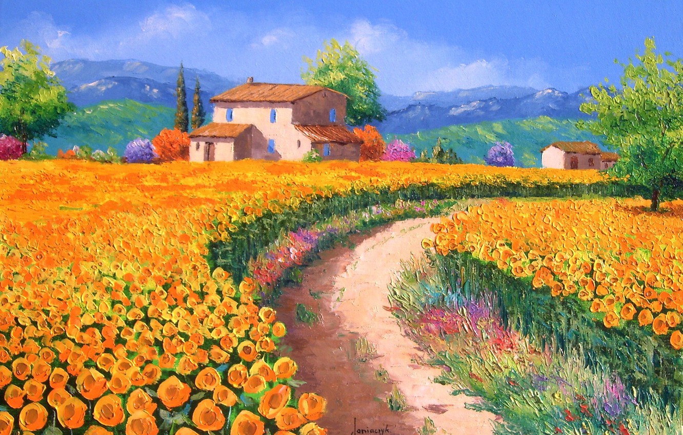 Wallpaper Road, Field, Trees, Sunflowers, Landscape, Flowers, Mountains, Hills, Picture, Art, Houses, Jean Marc Janiaczyk Image For Desktop, Section живопись