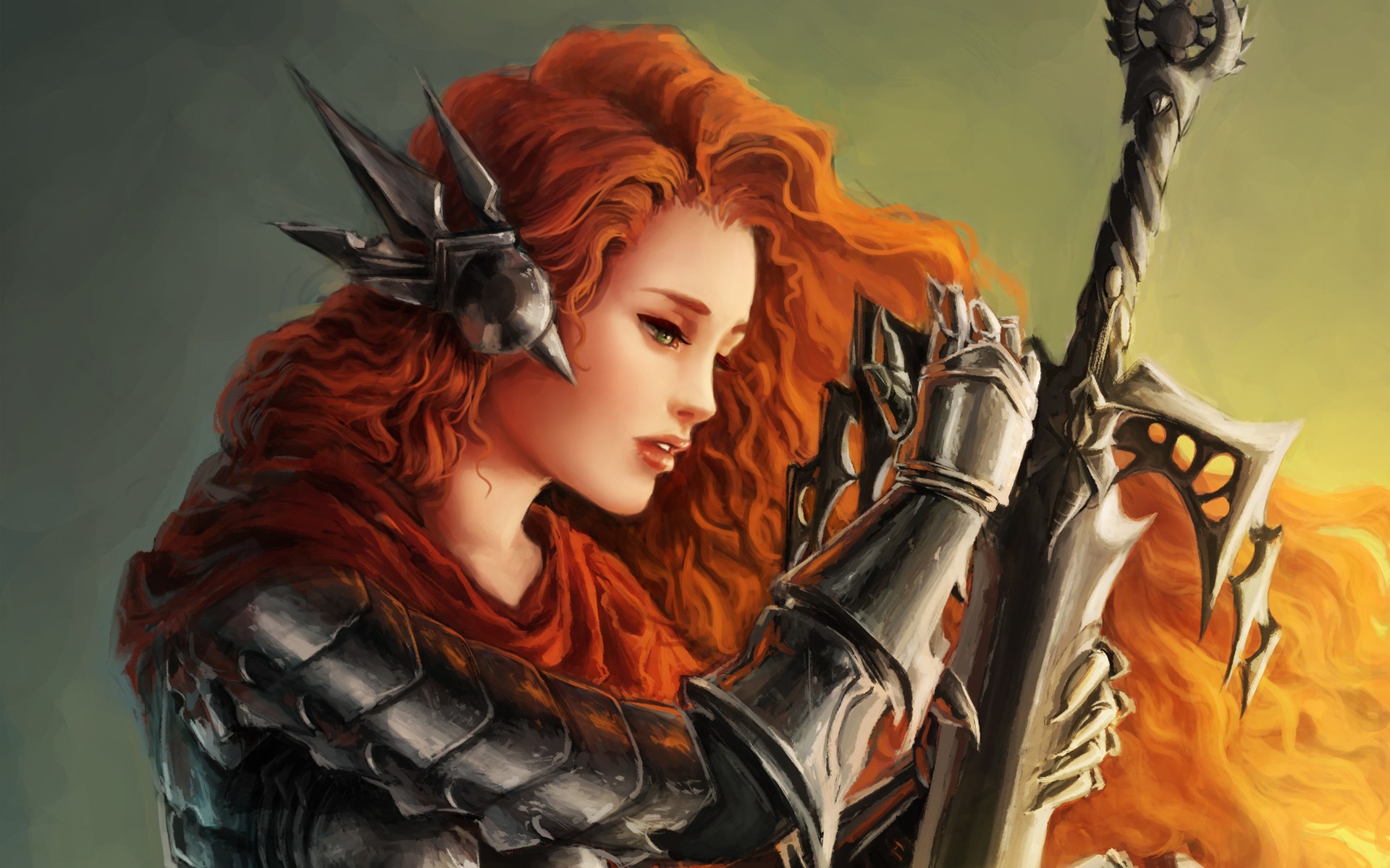 Women fantasy art armor artwork warriors orange hair swords wallpaperx1200