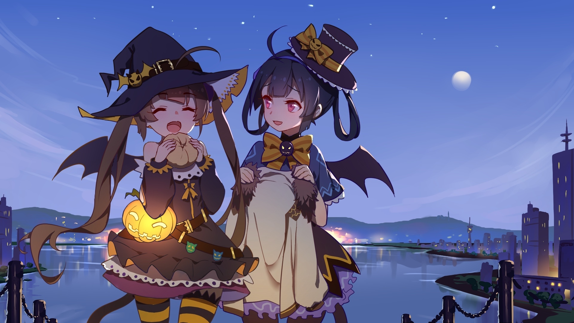 Wallpaper Sky, Witch Costume, Azur Lane, Night, Stars, Pinghai, Ninghai, Halloween, Anime Games:1920x1080