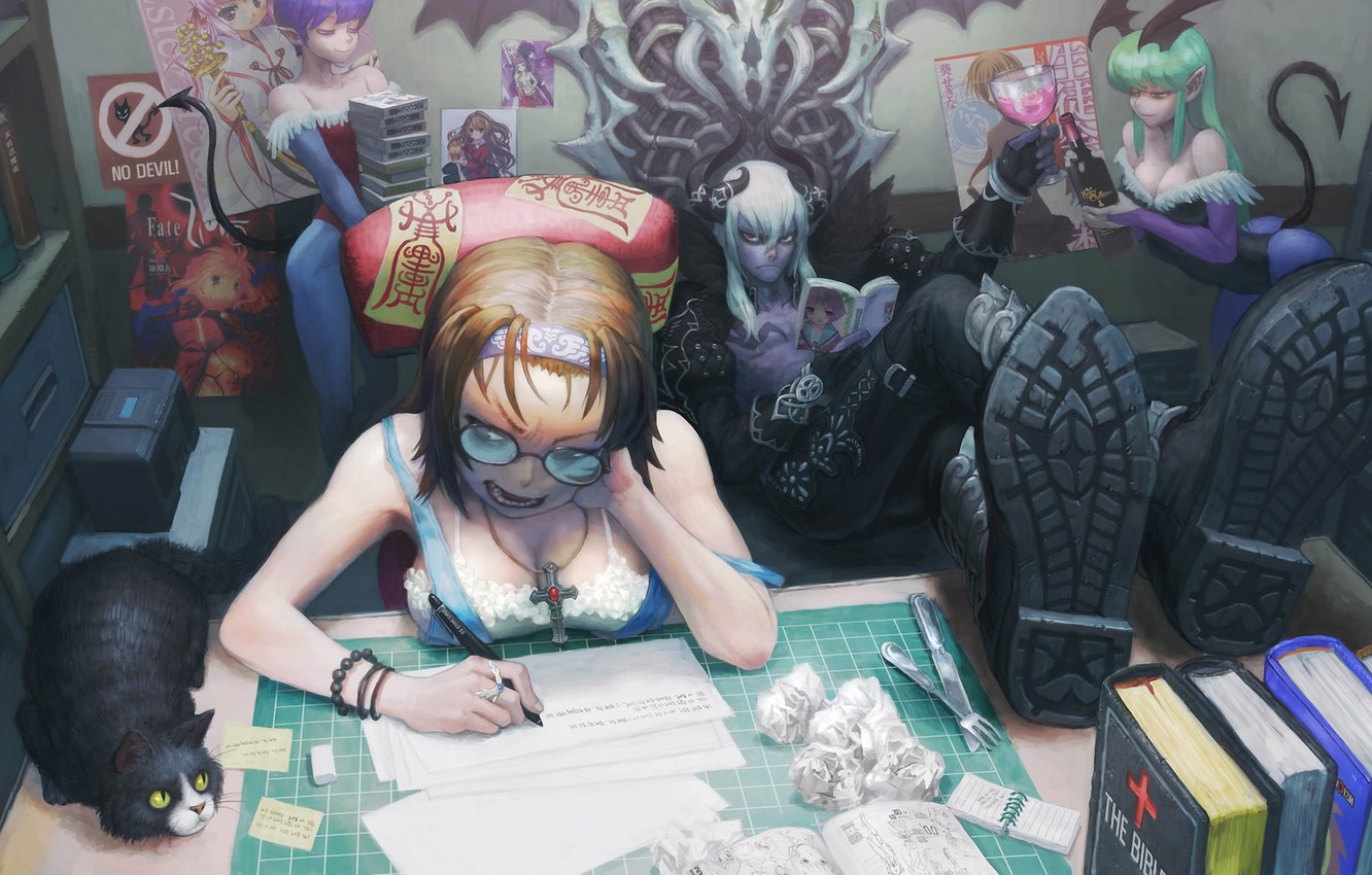 Wallpaper cat, girl, books, the devil, Art, demons, dissatisfaction, writer, the devil reads a light novel image for desktop, section ситуации