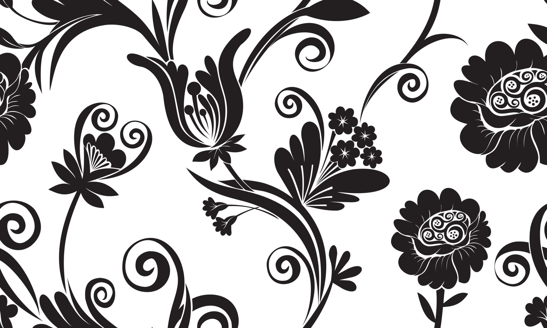 black chrysanthemums and bellflower seamless patterns for wallpaper, textiles, printing on white background