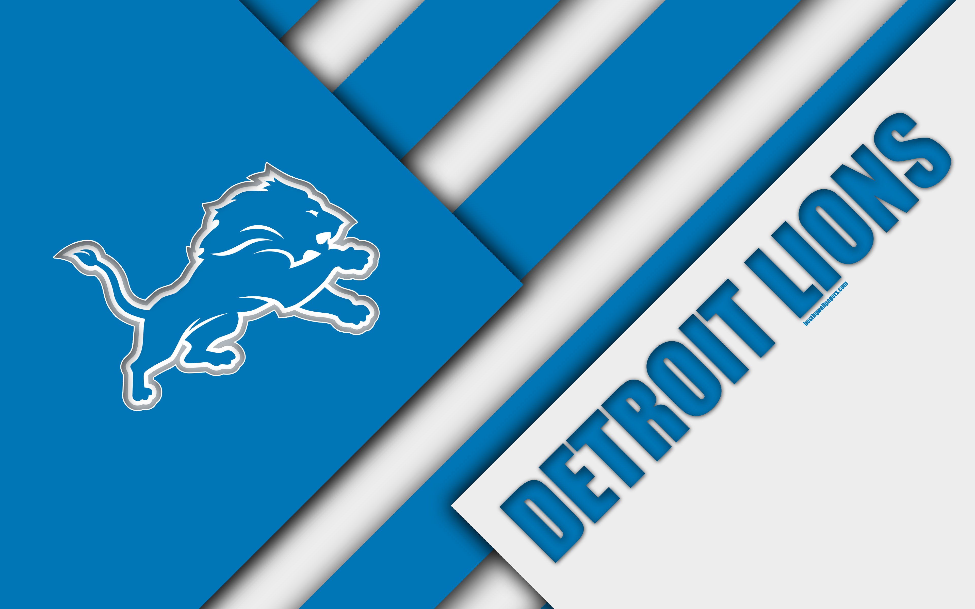 Download wallpaper Detroit Lions, 4k, logo, NFL, blue white abstraction, material design, American football, Detroit, Michigan, USA, National Football League, NFC North for desktop with resolution 3840x2400. High Quality HD picture wallpaper