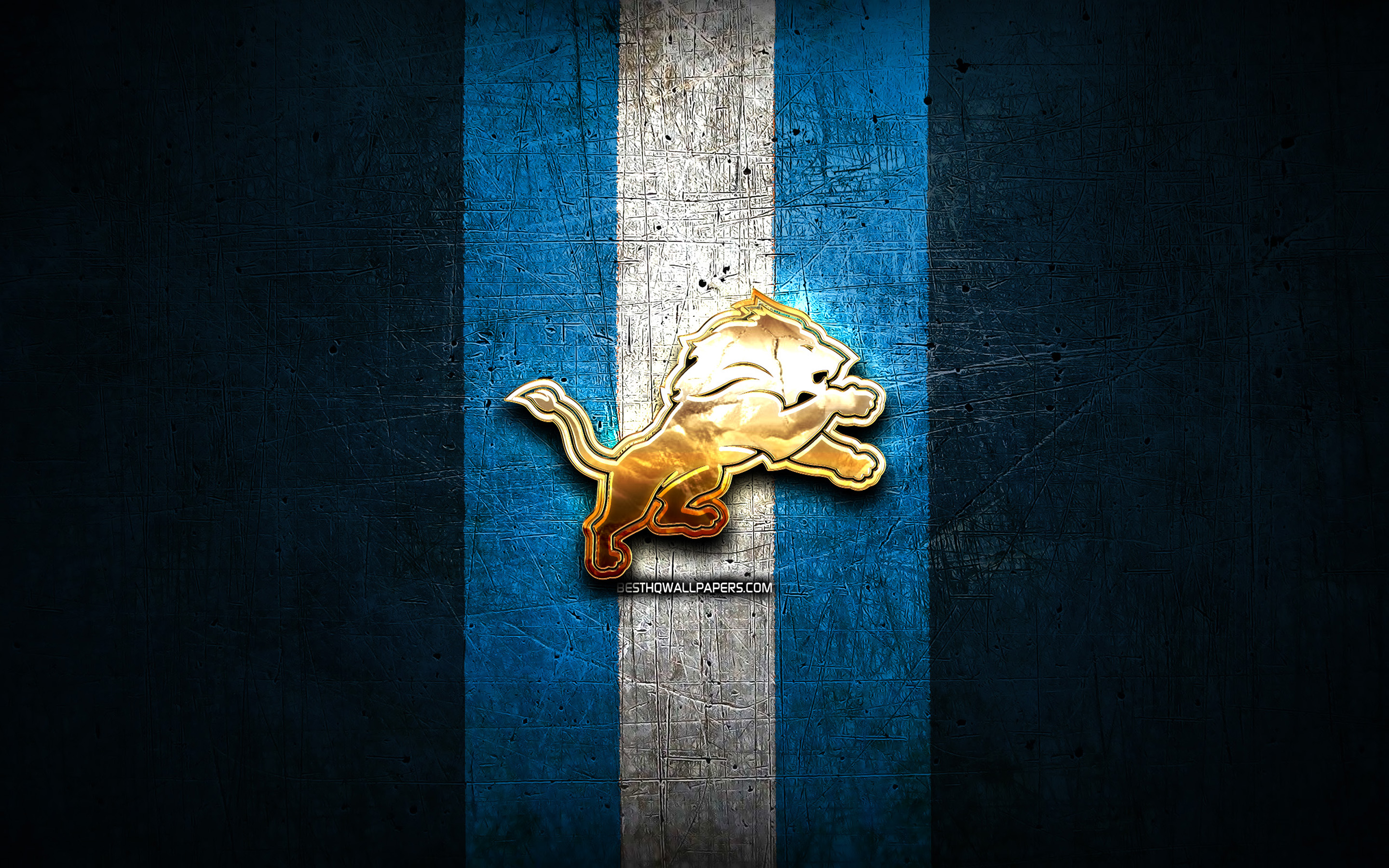 Detroit Lions, Golden Logo, Nfl, Blue Metal Background, Lions Golden Logo