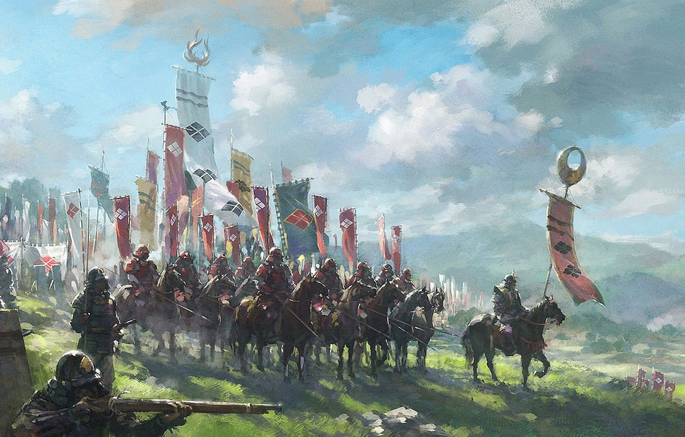 Wallpaper clouds, Japan, army, armor, flags, riders, peaks, samurai image for desktop, section живопись
