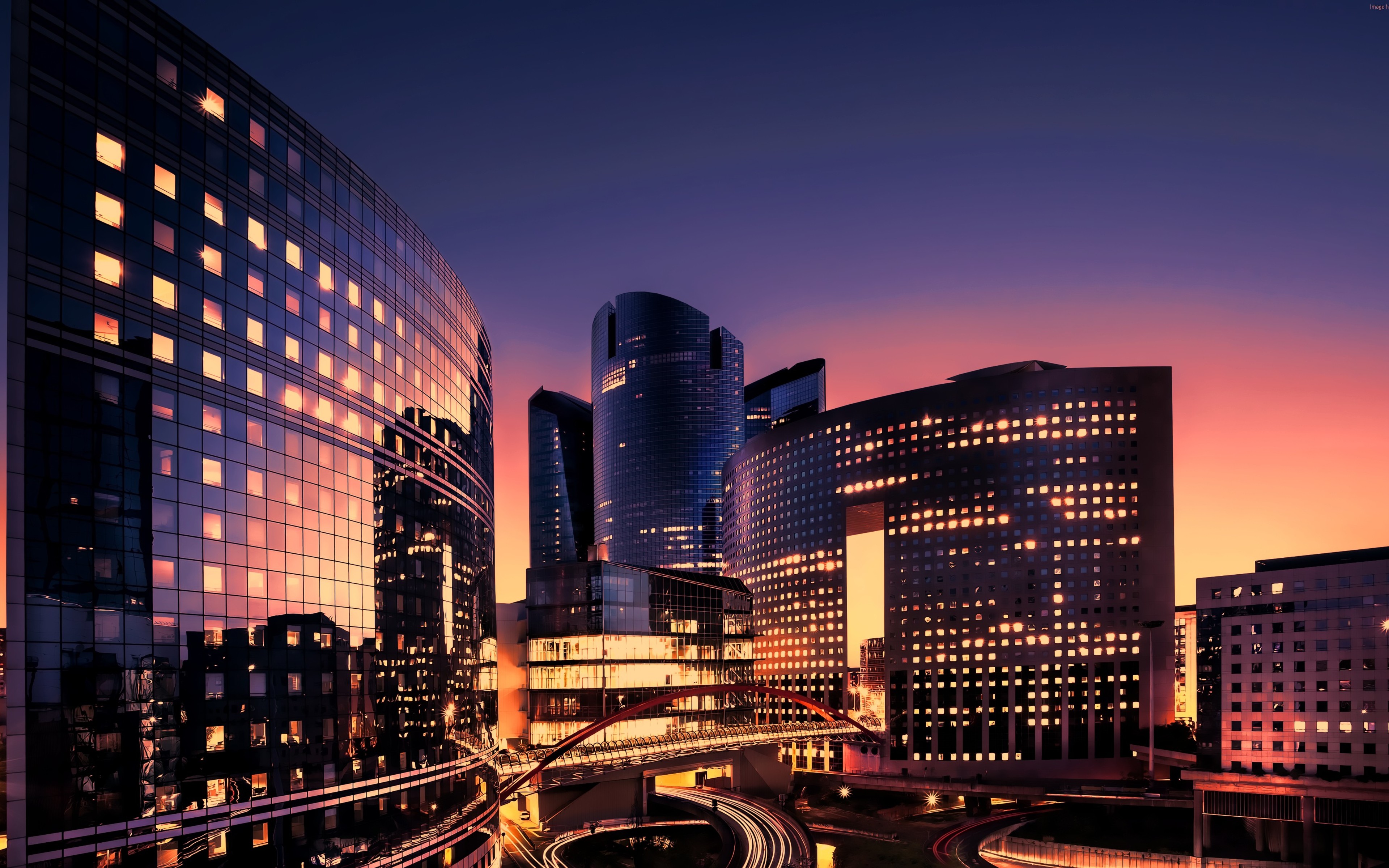Download wallpaper Paris, 4k, La Defense, evening, modern buildings, glass facades, business center, business district, France for desktop with resolution 3840x2400. High Quality HD picture wallpaper