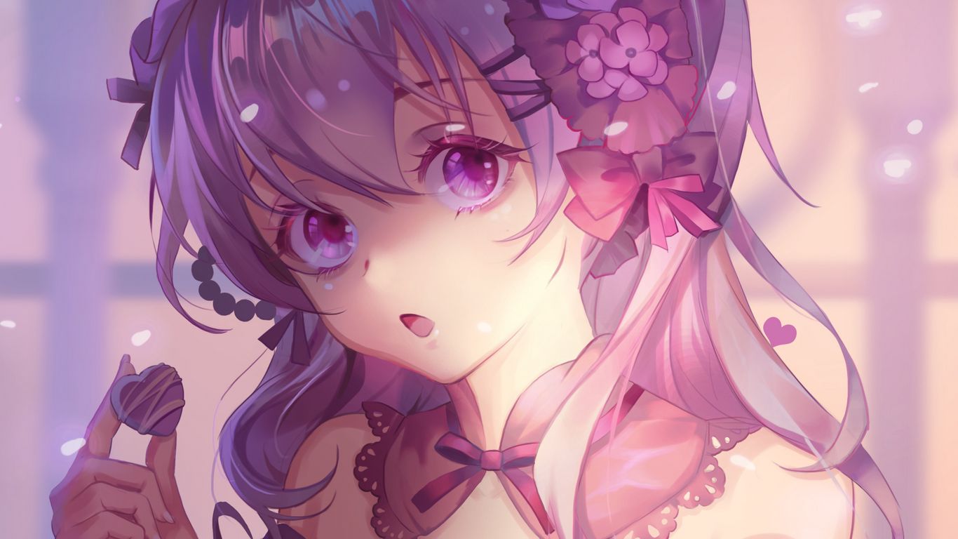 Download wallpaper 1366x768 girl, glance, anime, art, vintage, purple tablet, laptop HD background