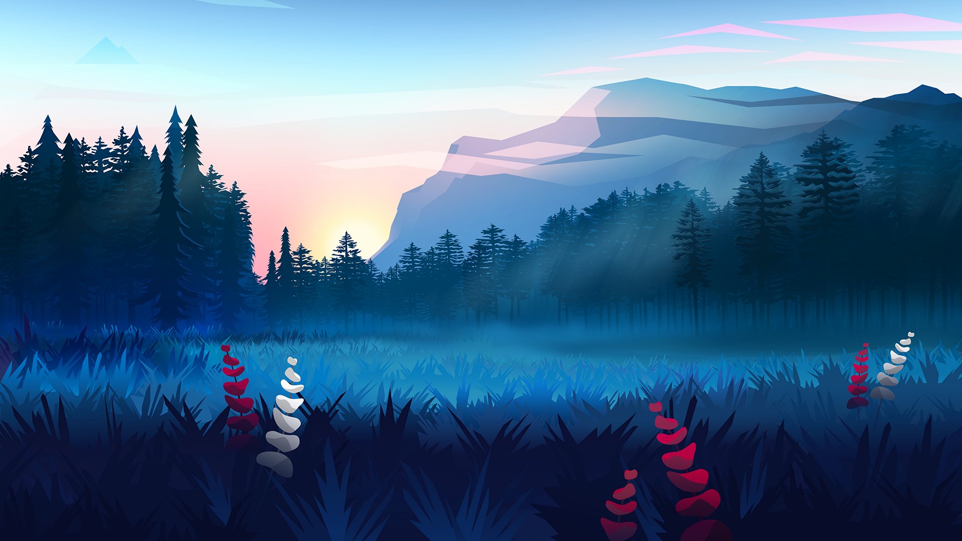 Mountains in forest scenery Minimalist design Wallpaper 4k Ultra HD
