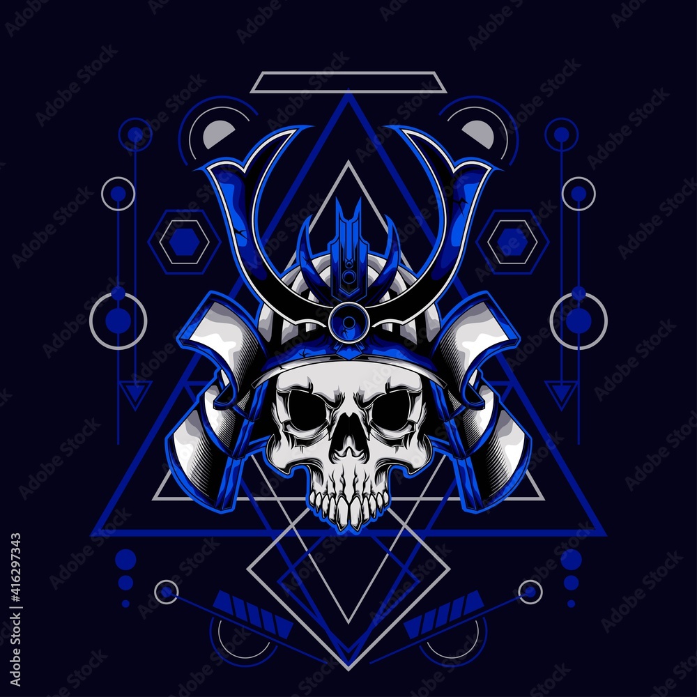 Blue Samurai Skull Helmet With Sacred Geometry For Wallpaper, Banner, T Shirt, Poster, Hoodie, Tottebag, Background, Card, Book Illustration, And Web Landing Page Stock Vector