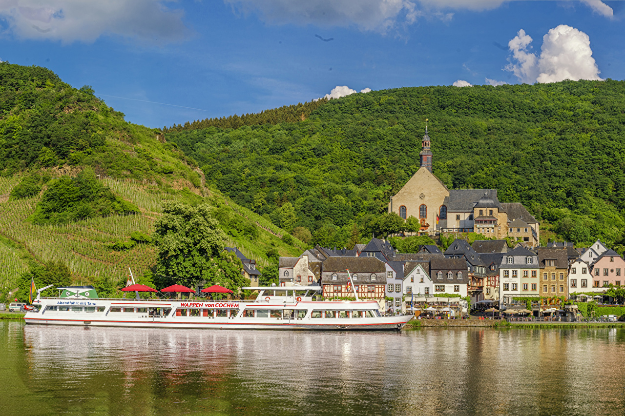 Desktop Wallpaper Germany Beilstein Hill Riverboat river Marinas