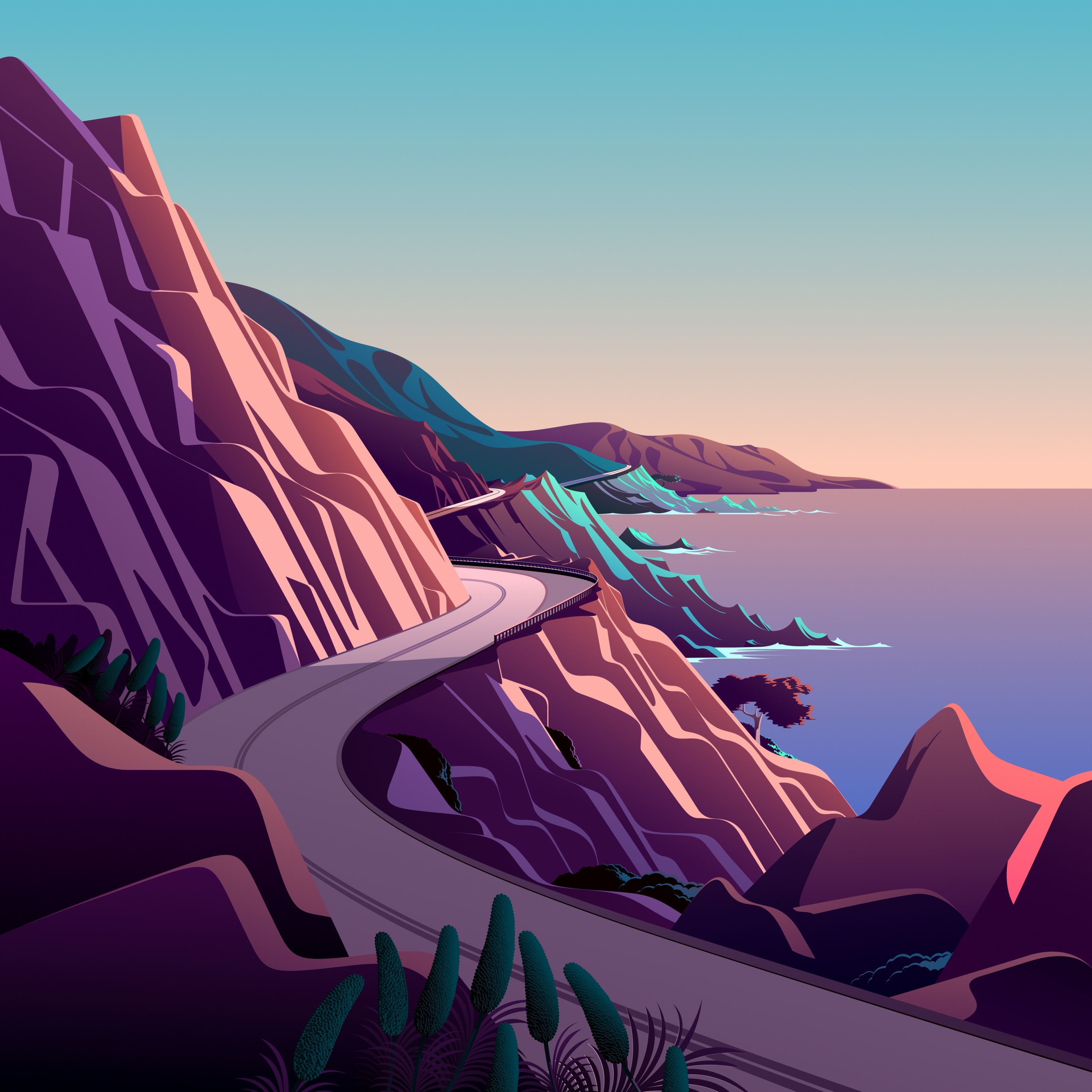 Coastline Wallpaper 4K, Mountain pass, Road, Morning, Daylight, Scenery, Nature