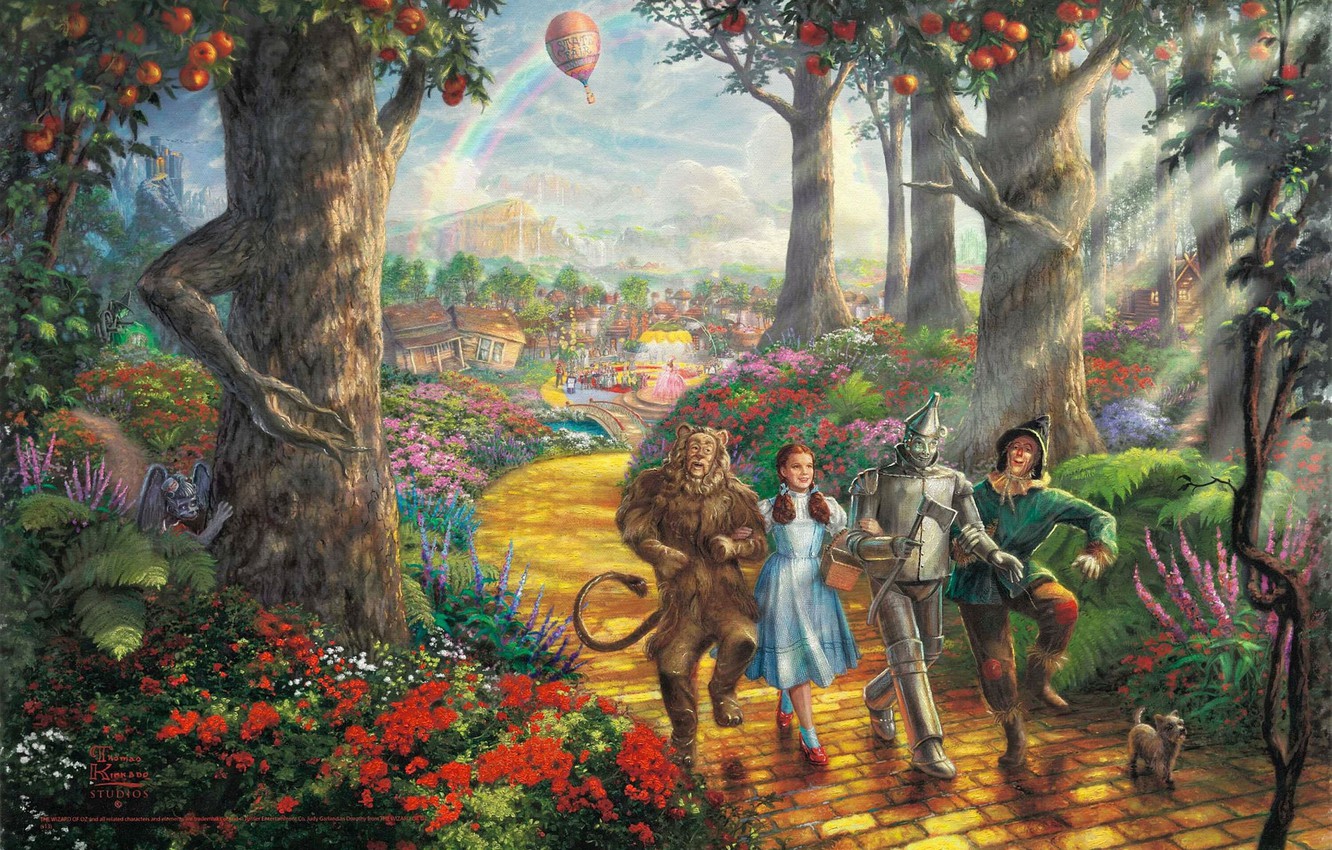 Wallpaper road, forest, trees, balloon, the film, cartoon, rainbow, fruit, fantasy, painting, dog, characters, Thomas Kinkade, painting, Walt Disney, film image for desktop, section живопись