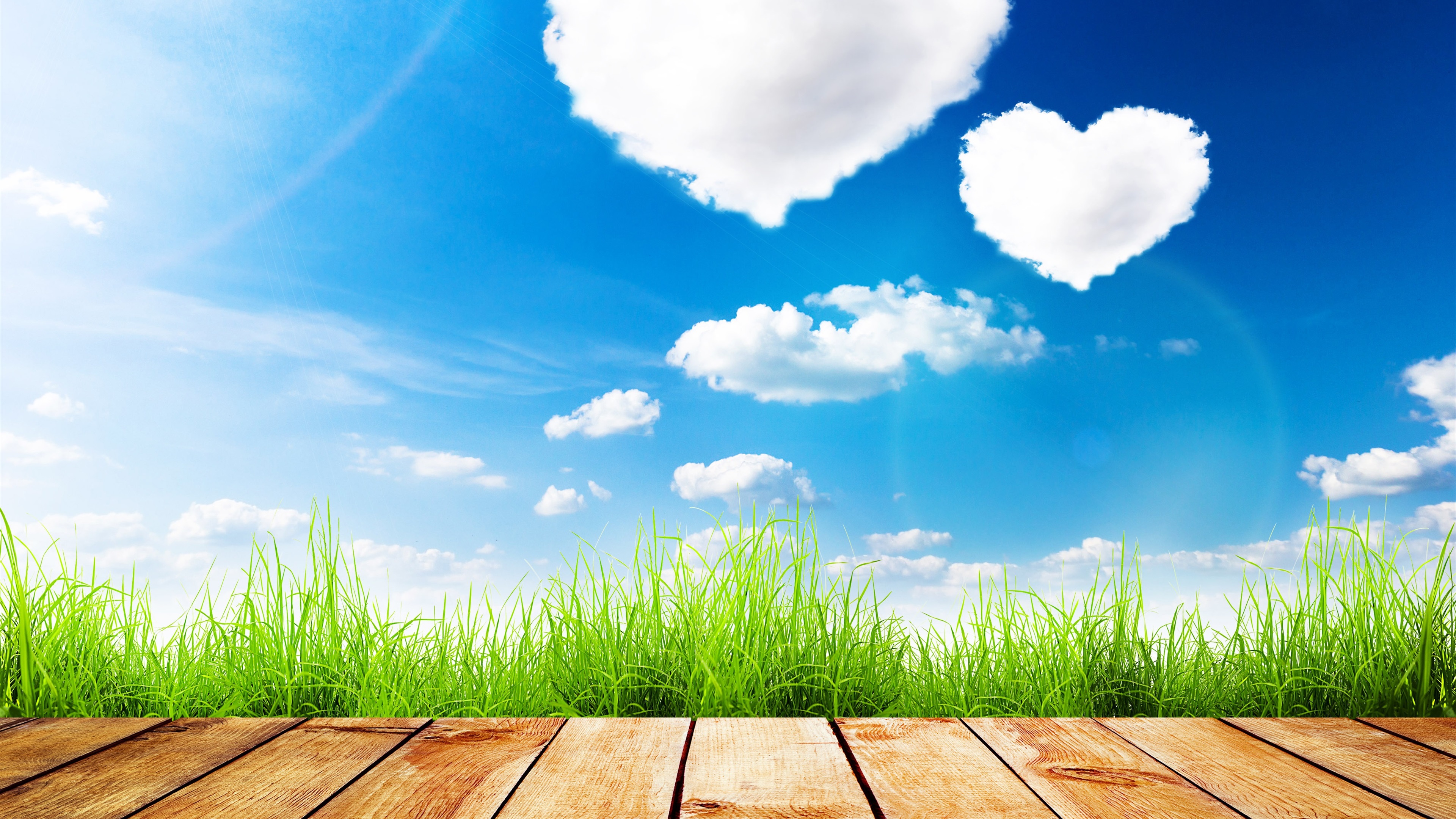 Wallpaper Summer, blue sky, love heart clouds, grass, wood board 3840x2160 UHD 4K Picture, Image