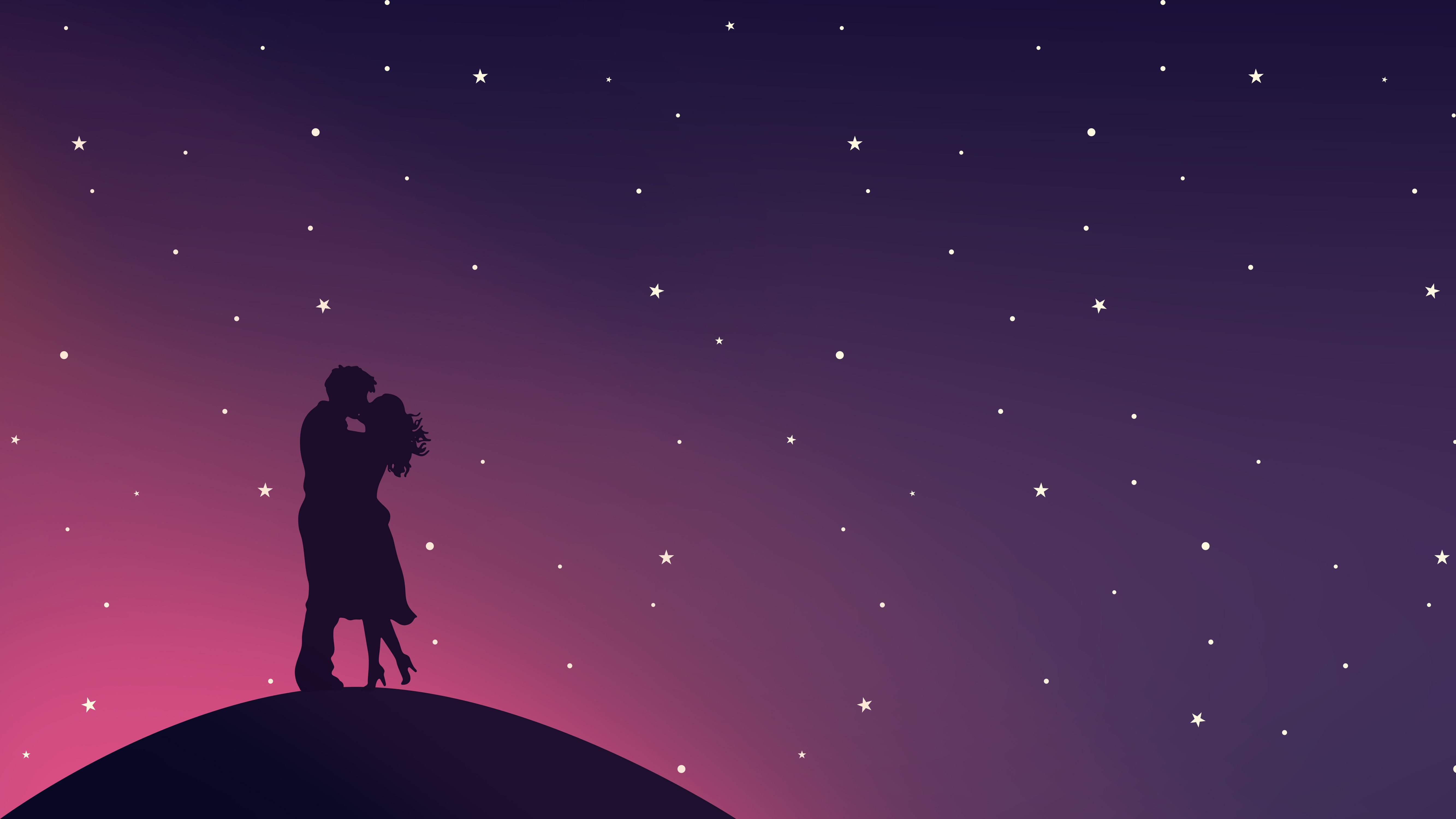 Kissing couple Wallpaper 4K, Silhouette, Starry sky, Romantic, Lovers, Pair, Love