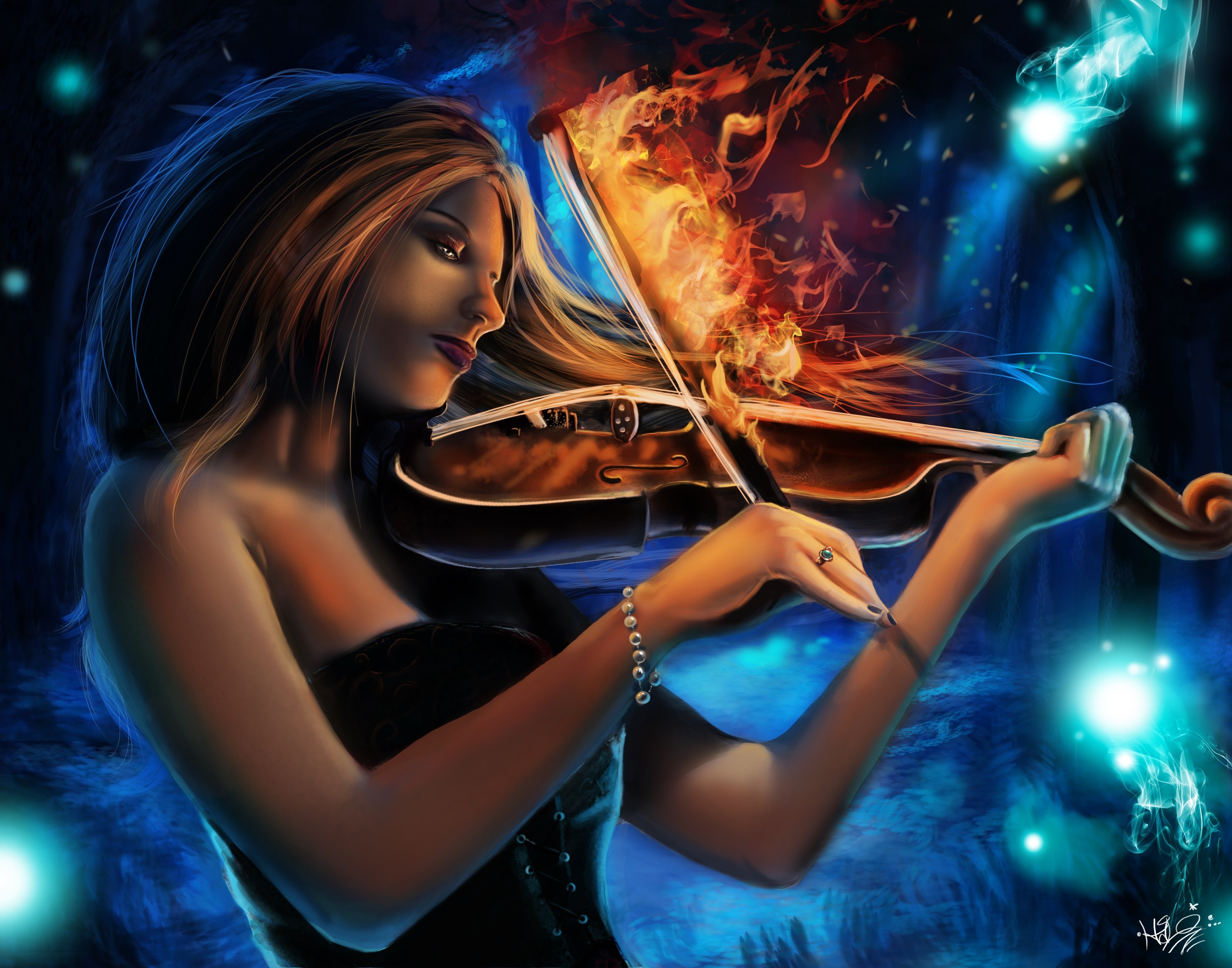 Magic Violin Fire Burning Lullaby Fantasy Girls fantasy music wallpaperx3300
