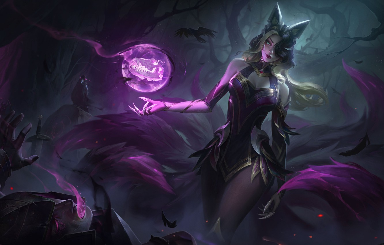Wallpaper dark, girl, sword, fantasy, game, magic, armor, night, raven, blue eyes, purple eyes, League of Legends, blonde, digital art, artwork, fantasy art image for desktop, section игры