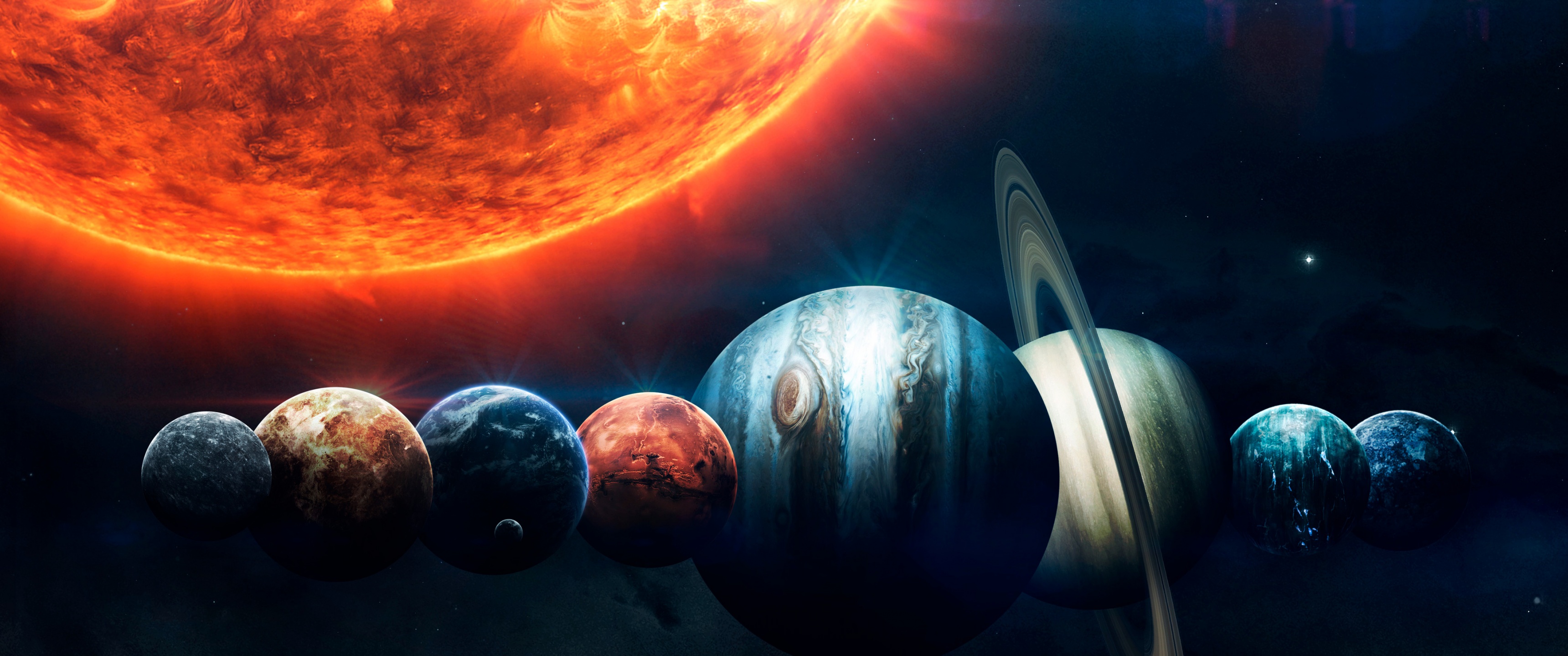 Solar system Wallpaper 4K, Planets, Sun, Orange, Stars, Burning, Earth, Space