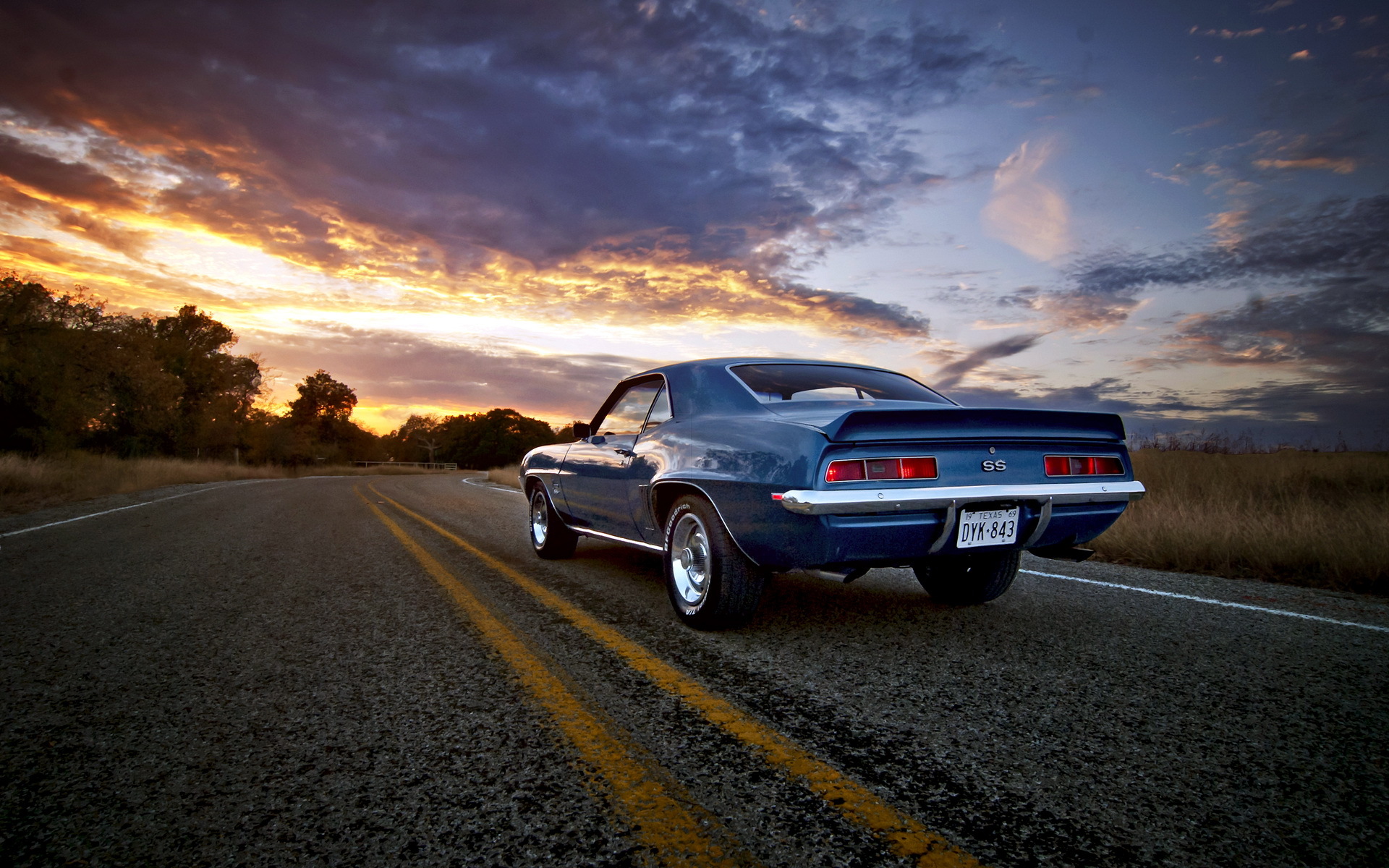 Chevy, Camaro, Ss, Vehicles, Auto, Chevrolet, Retro, Classic, Muscle, Wheels, Roads, Sunset, Sunrise, Sky, Clouds, Trees, Chrome, Stripes Wallpaper HD / Desktop and Mobile Background